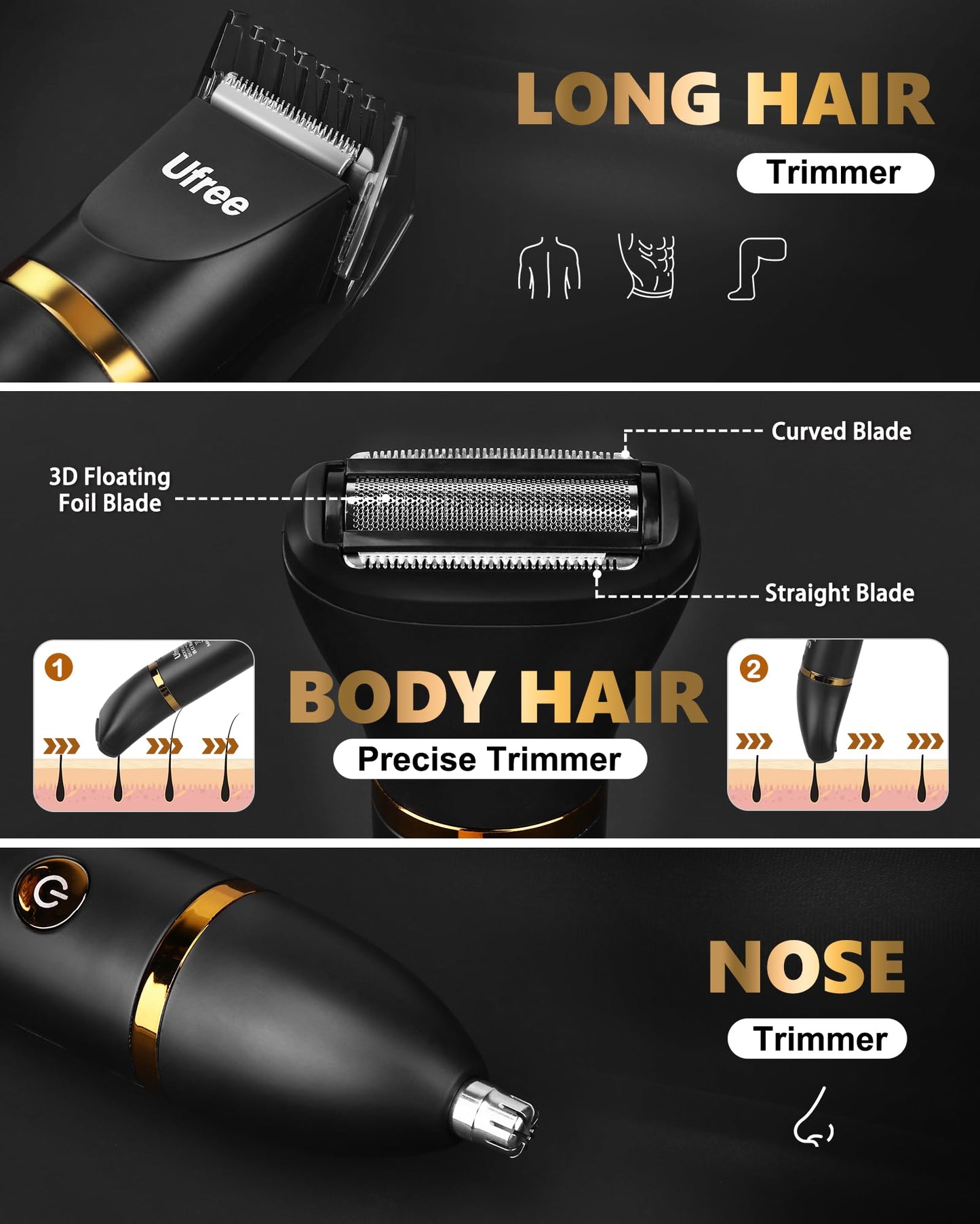 Ufree Body Hair Trimmer for Men, Manscape Ball Pubic Hair Trimmer, 3 in 1 Men Grooming Kit for Groin, Waterproof Body Electric Shaver Razor, Replaceable Ceramic Blade, Gifts for Men, Black