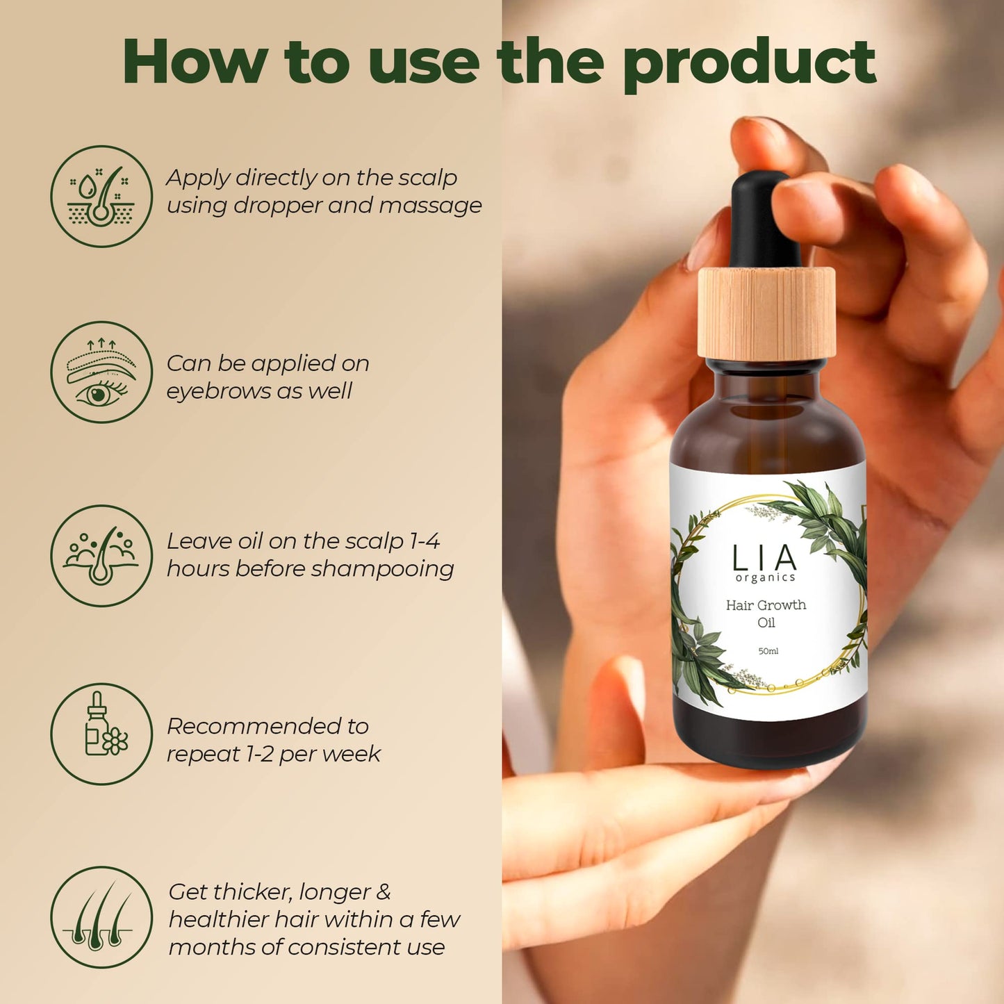 Lia Organics Hair Growth Oil - Organic, Vegan, Cruelty-Free - Rosemary, Castor, Pumpkin Seed, and Amla for Thick, Healthy Hair - 1.70 Fl Oz (Pack of 1)