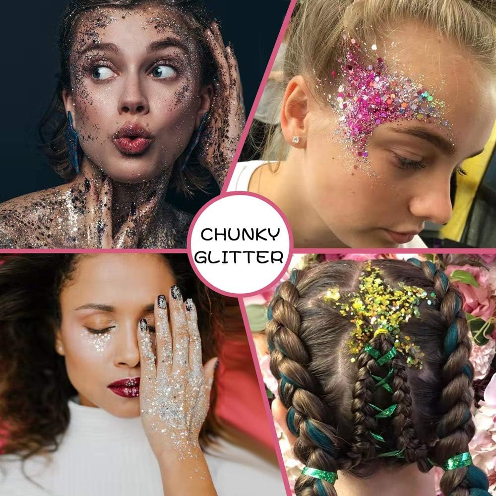 Holographic Chunky Glitter Sequins, 12 Colors Mixed Cosmetic Glitter for Face Body Eye Hair Nail Art Lip Gloss Makeup, Festival Glitter with Different Hexagons Size and Stars (Laser Mix)
