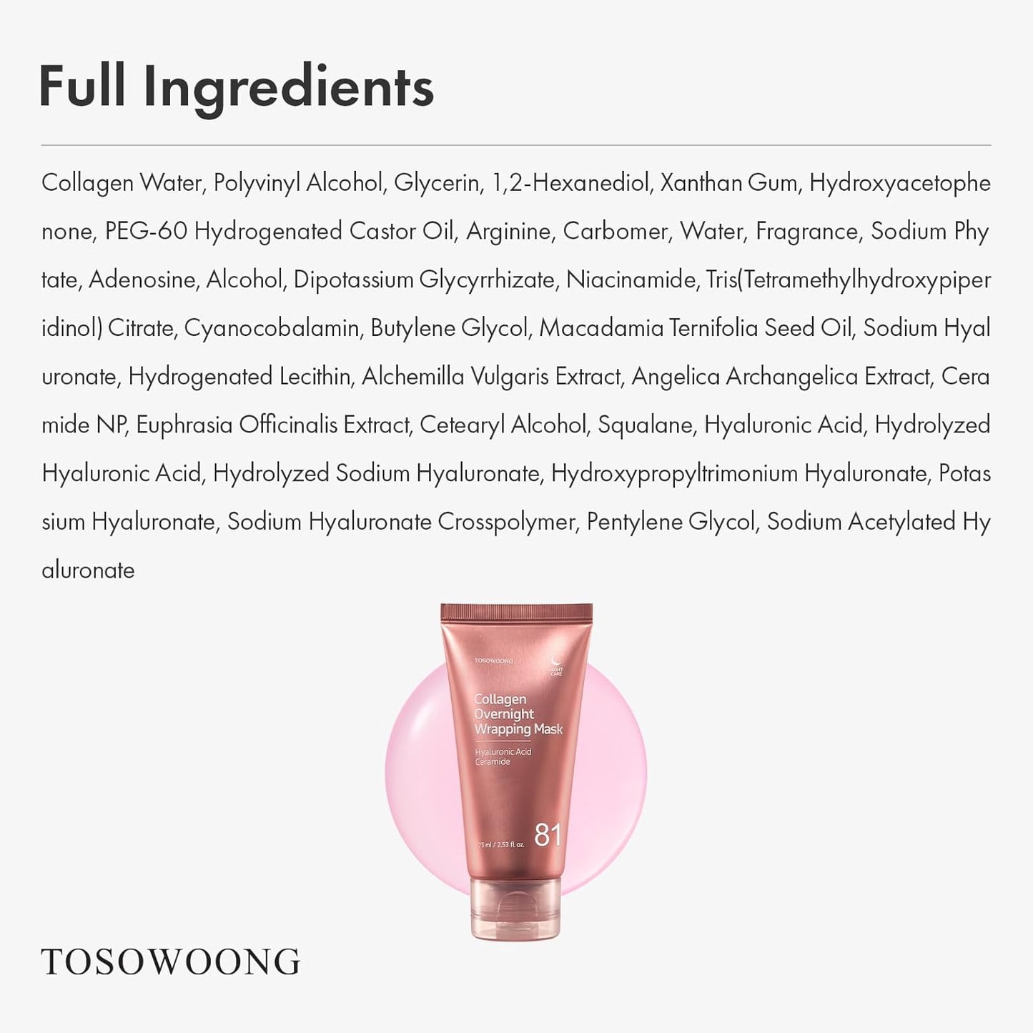 TOSOWOONG Collagen Overnight Wrapping Mask - 81% Collagen Peel Off for Firm, Glowing Skin | 75 ml