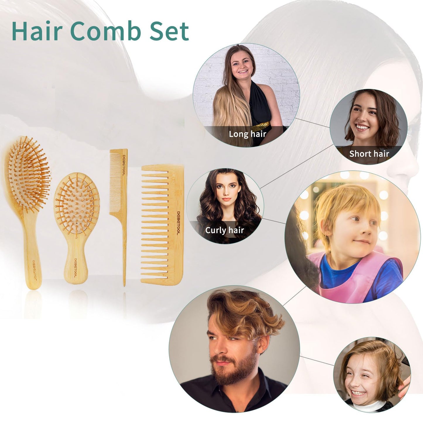 DEBETOOL Bamboo Hair Brush Set - Natural Bamboo Paddle Detangling Hairbrush and Comb Set, Suit for Thick/Thin -Gift for Women Men and Kids