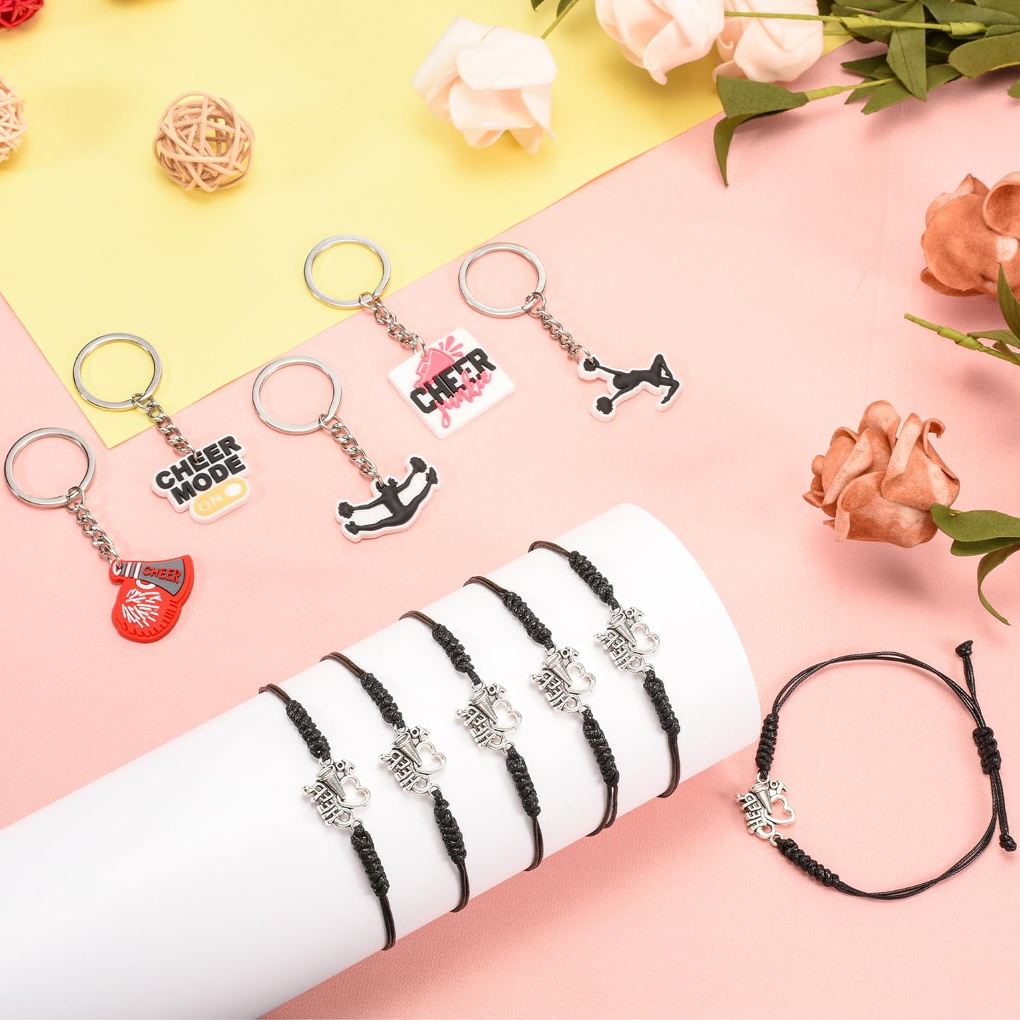 146 Pcs Cheerleader Gifts 24 Cheer Scrunchie 24 Cheer Bracelets 24 Cheer Keychain 24 Zipper Portable Cheer Makeup Bag 50 Waterproof Cheer Stickers for Cheer Team Party Favors Cheerleading Accessories