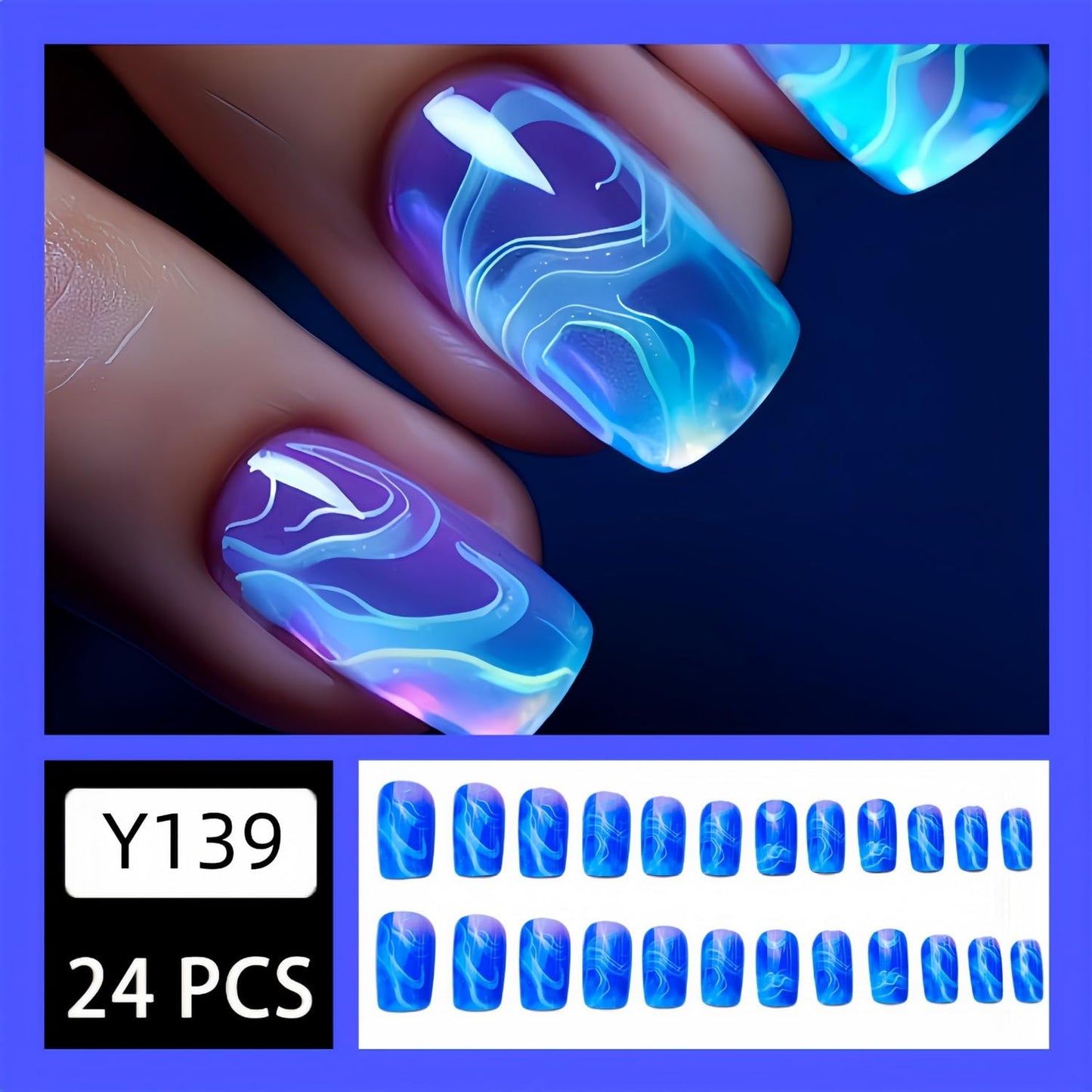 Blue Press on Nails Medium Length Ocean Fake Nails Square Shape Gradient Summer Acrylic Nails Designs Reusable Glossy False Nails Full Cover Stick on Nails for Women Girls Nail Decoration 24 Pcs