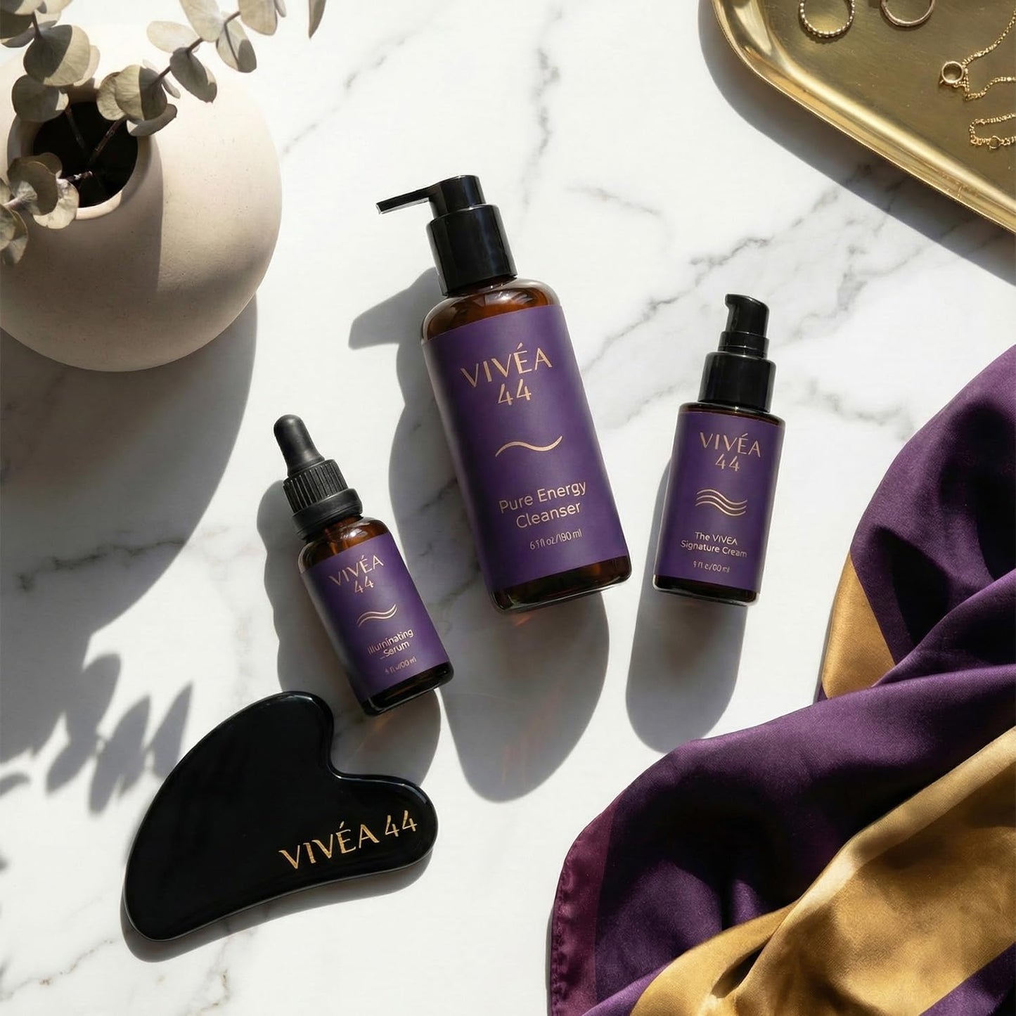 Vivéa Ritual Skincare Set - 3-Piece Daily Hydrating & Brightening Routine with Cleanser, Serum & Moisturizer - Vegan & Cruelty-Free + Gua Sha