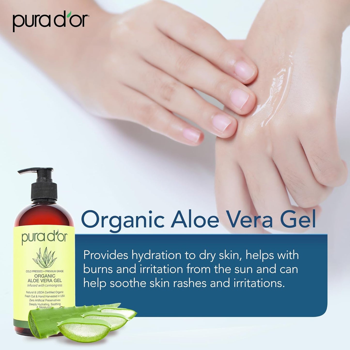 PURA D'OR ORGANIC Aloe Vera Gel Lavender (16 Oz X 3) All Natural - ZERO Artificial Preservatives - Deeply Hydrating & Moisturizing - Sunburn, Bug Bites, Rashes, Small Cuts, Eczema Relief - Skin & Hair