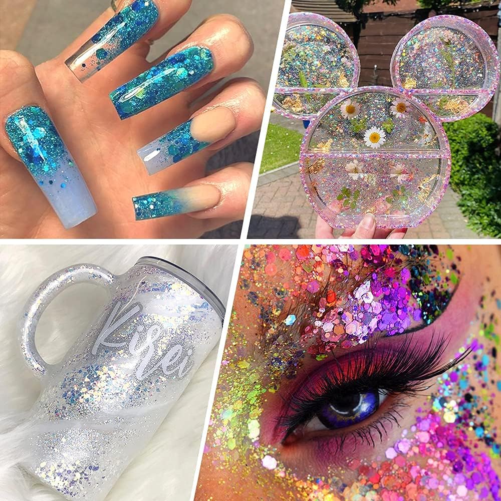 Holographic Chunky Glitter Sequins, 12 Colors Mixed Cosmetic Glitter for Face Body Eye Hair Nail Art Lip Gloss Makeup, Festival Glitter with Different Hexagons Size and Stars (Laser Mix)