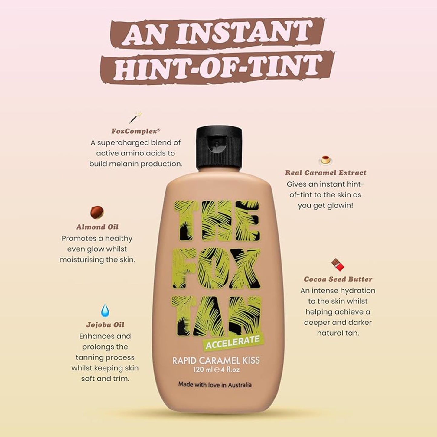 The Fox Tan Rapid Caramel Kiss, Natural Tanning Accelerator For Deeper & Darker Tans, Delivers an Instant Tint & Glow, Vegan & Cruelty Free, 120 mL