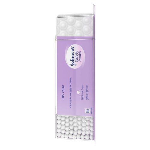 Johnson's Safety Ear Swabs for Babies and Children made with Non-Chlorine Bleached Cotton for a Gentle Clean, 185 ct (Pack of 2)