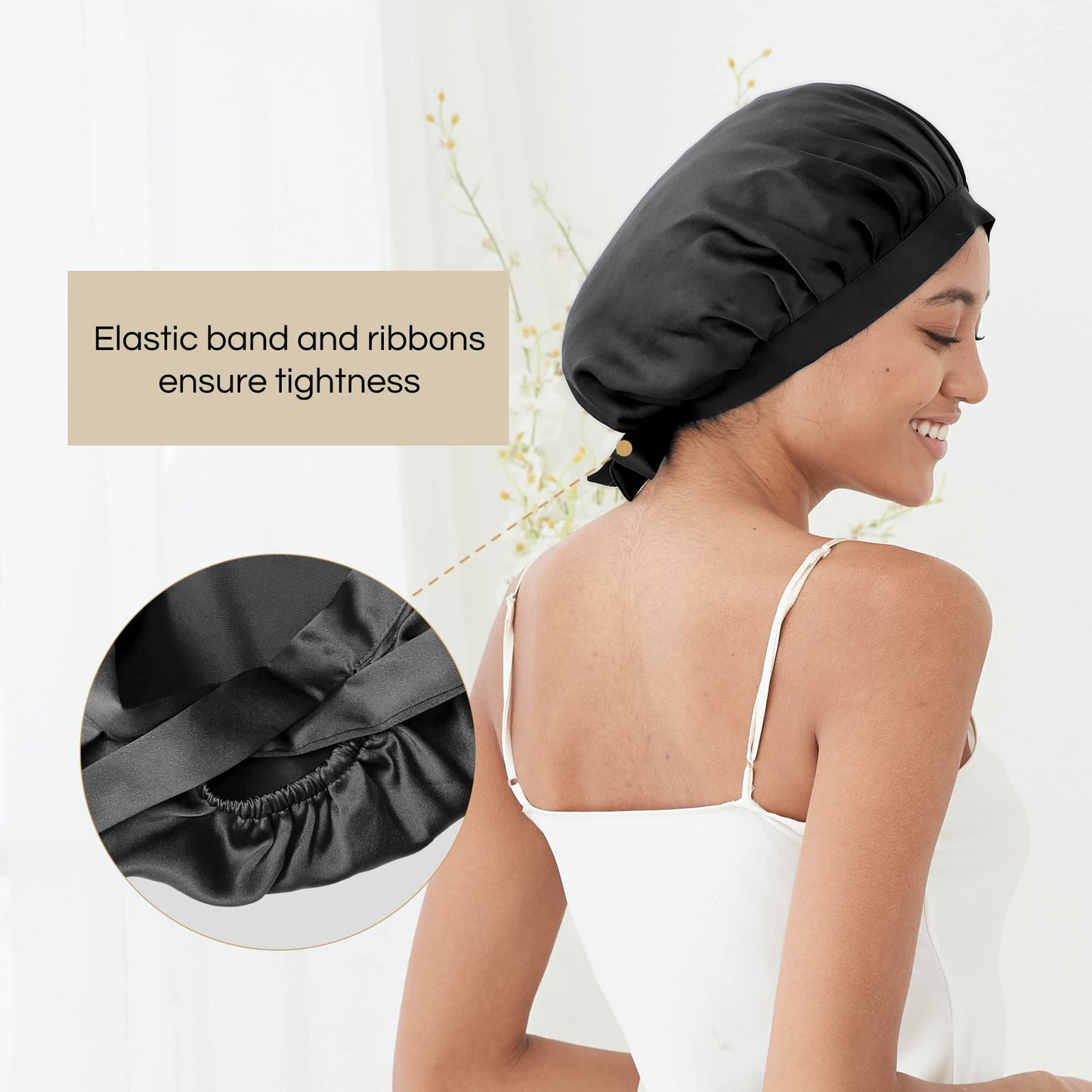 RachelSilk 30 Momme Silk Sleeping Bonnet for Women Night Cap Hair Wrap with Ribbon for Hair Care (Black)