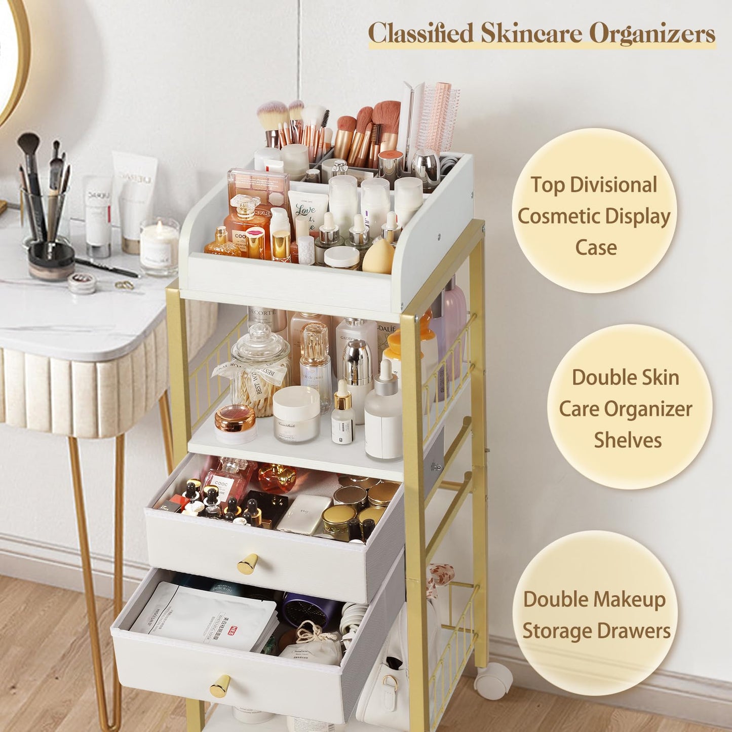 Makeup Organizer, Floor Skincare Organizers Make Up Organizers and Storage with Drawers, Vanity Organizer Cosmetics Display Cases Holder for Skin Care Nail Polish Perfume Gold