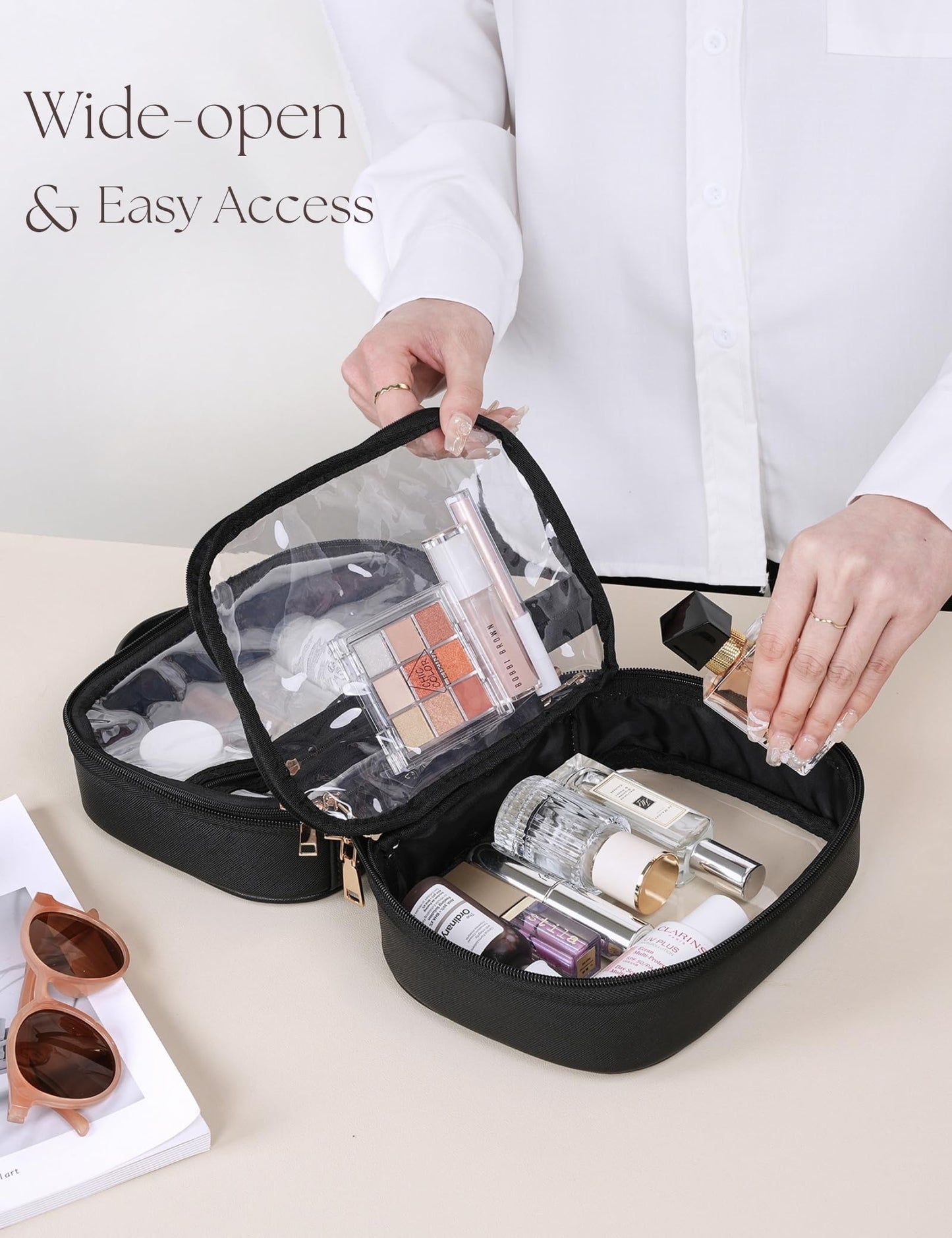 Oaque Clear Cosmetic Bag Double Layer Travel Toiletry Bag Clear Makeup Bag Case with Zipper Transparent Travel Bag for Toiletries, TSA Approved Toiletry Bag for Women Girls (Black)