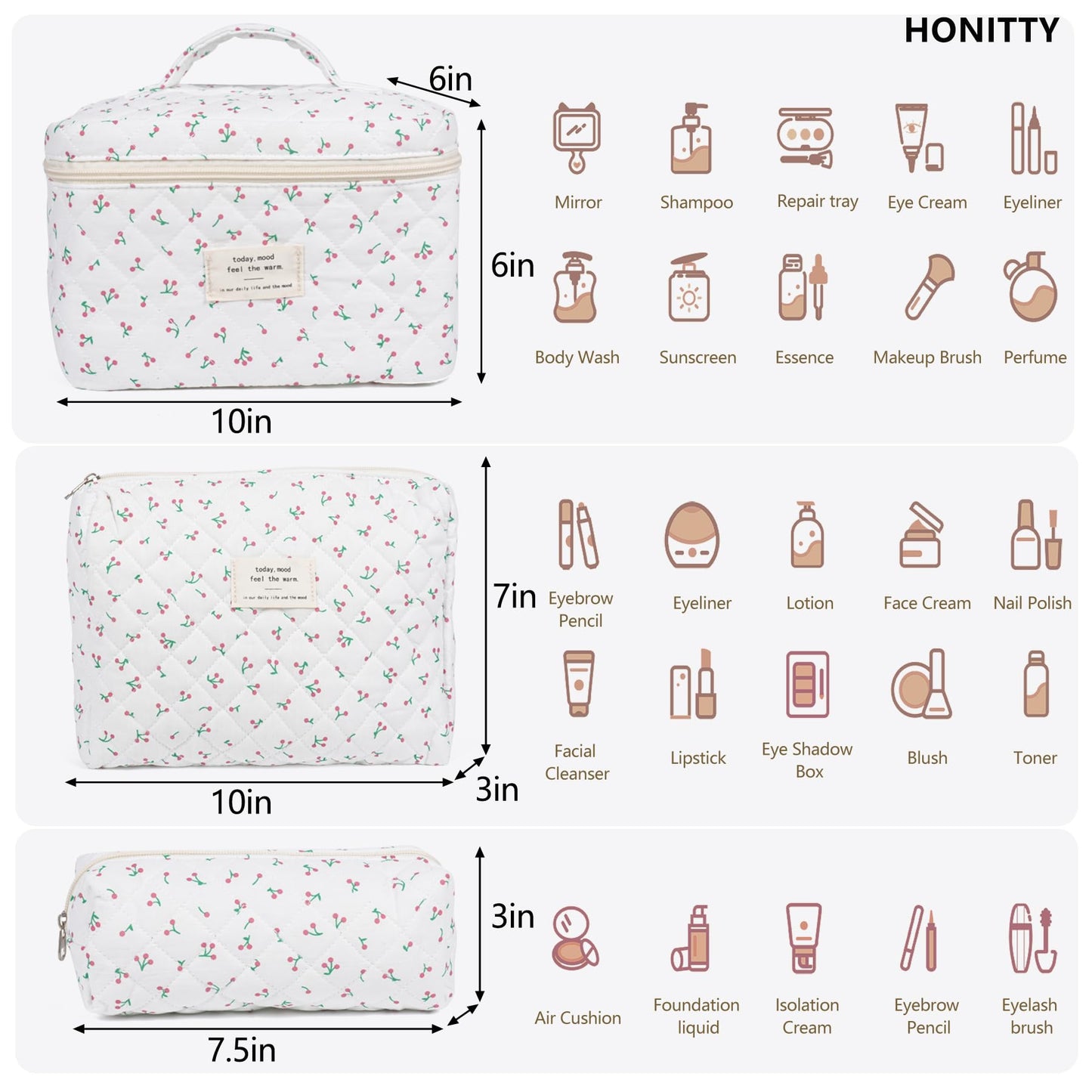 Makeup Bag,Quilted Cosmetic Bag,Large Floral Make Up Bag for Women,Cotton Makeup Bag Set,Flower Travel Toiletry Bag