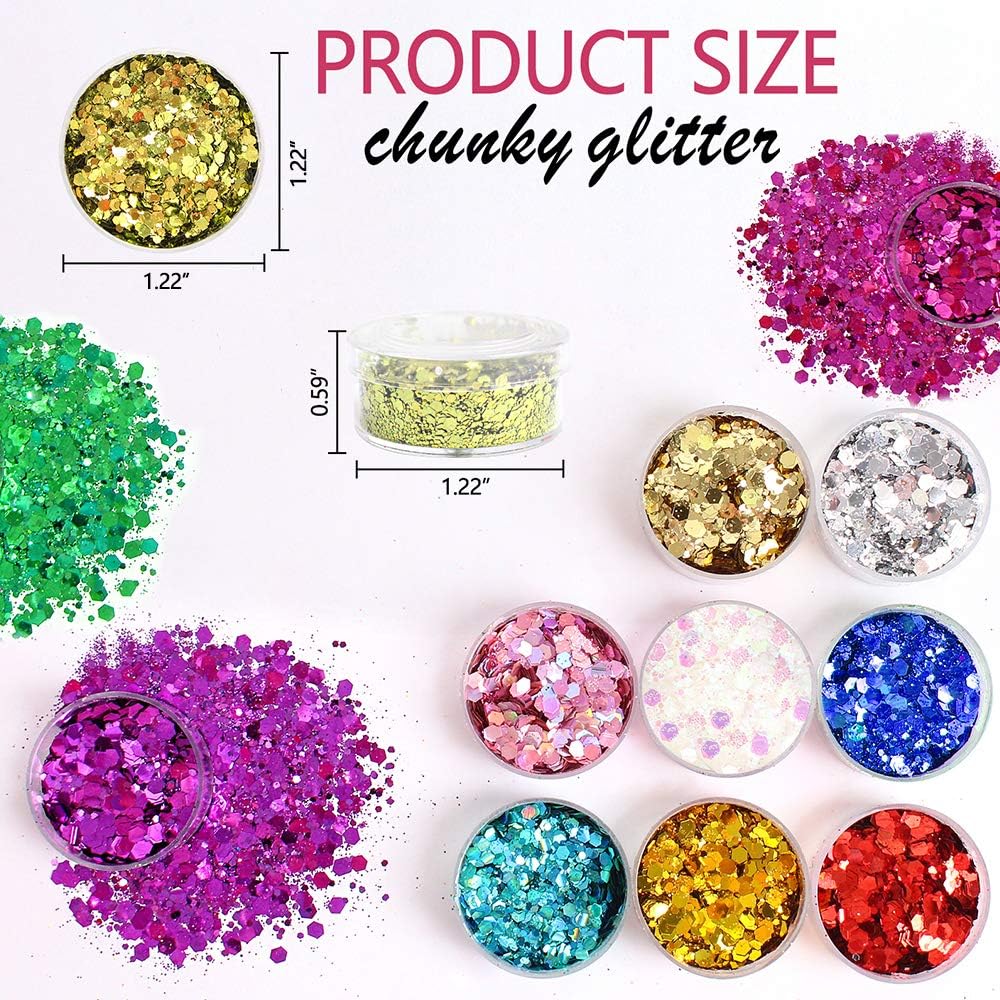 Holographic Chunky Glitter Sequins, 12 Colors Mixed Cosmetic Glitter for Face Body Eye Hair Nail Art Lip Gloss Makeup, Festival Glitter with Different Hexagons Size and Stars (Laser Mix)