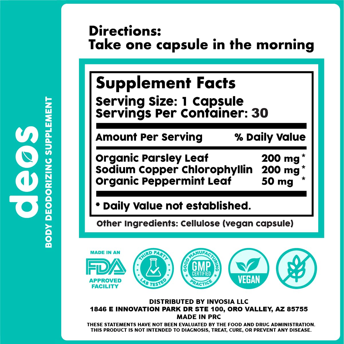 DEOS Internal Deodorant Supplement β Full Body Deodorizer for Gut Health, Skin Health, Detox & Digestion Support β Natural Odor Control Chlorophyll Pills for Head-to-Toe Freshness | 30 Capsules