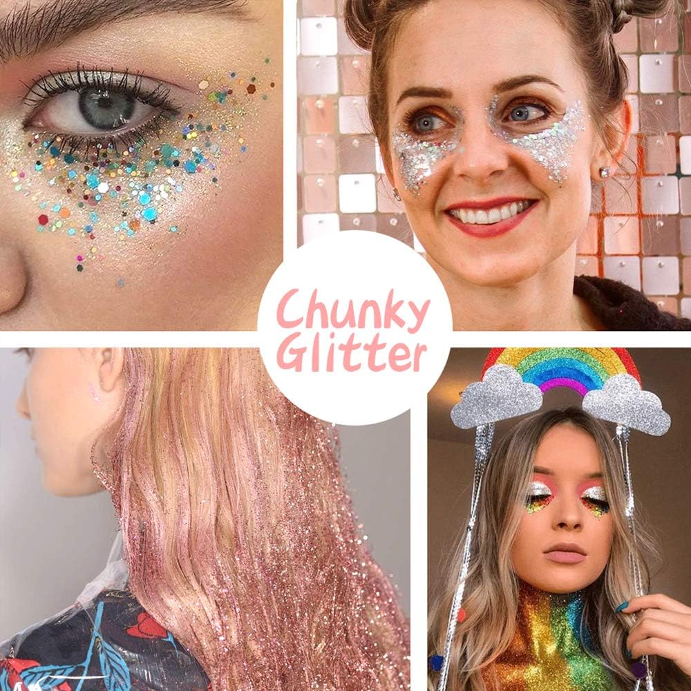 Holographic Chunky Glitter Sequins, 12 Colors Mixed Cosmetic Glitter for Face Body Eye Hair Nail Art Lip Gloss Makeup, Festival Glitter with Different Hexagons Size and Stars (Laser Mix)