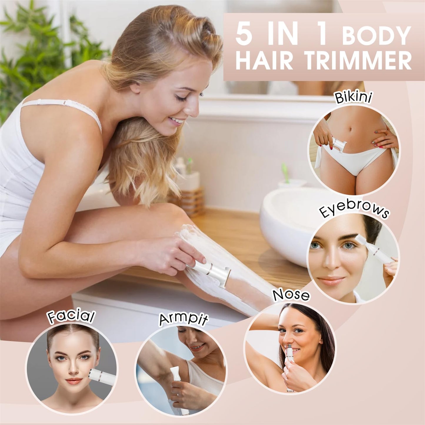 Founouly 5 in 1 Electric Women Bikini Trimmer, Waterproof Wet and Dry Uses Replaceable Ceramic Blade Heads USB Rechargeable Body Safety Clipper,White