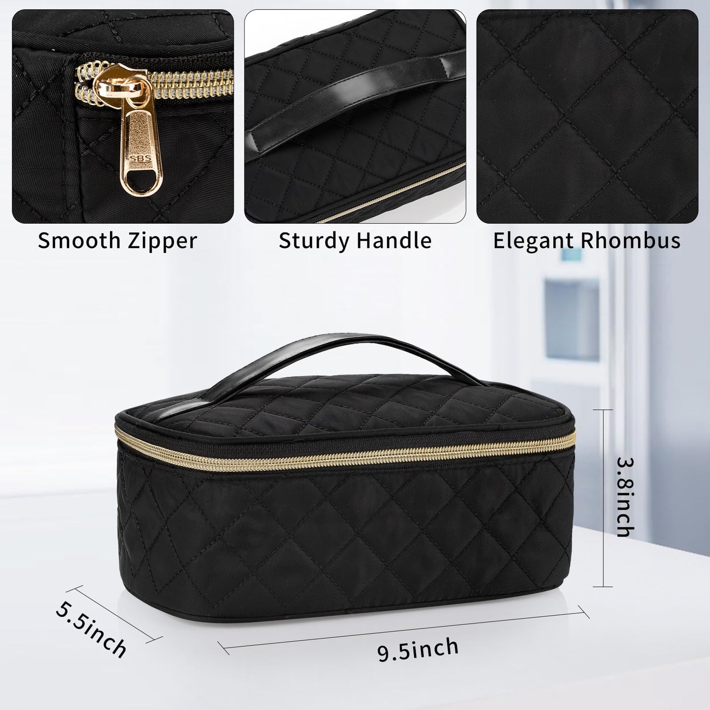 OCHEAL Travel Makeup Bag,large Capacity Travel Cosmetic Bag,Medium Makeup Bag Organizer Diamond Texture Makeup case with Handle and Brush Storage Area -Black