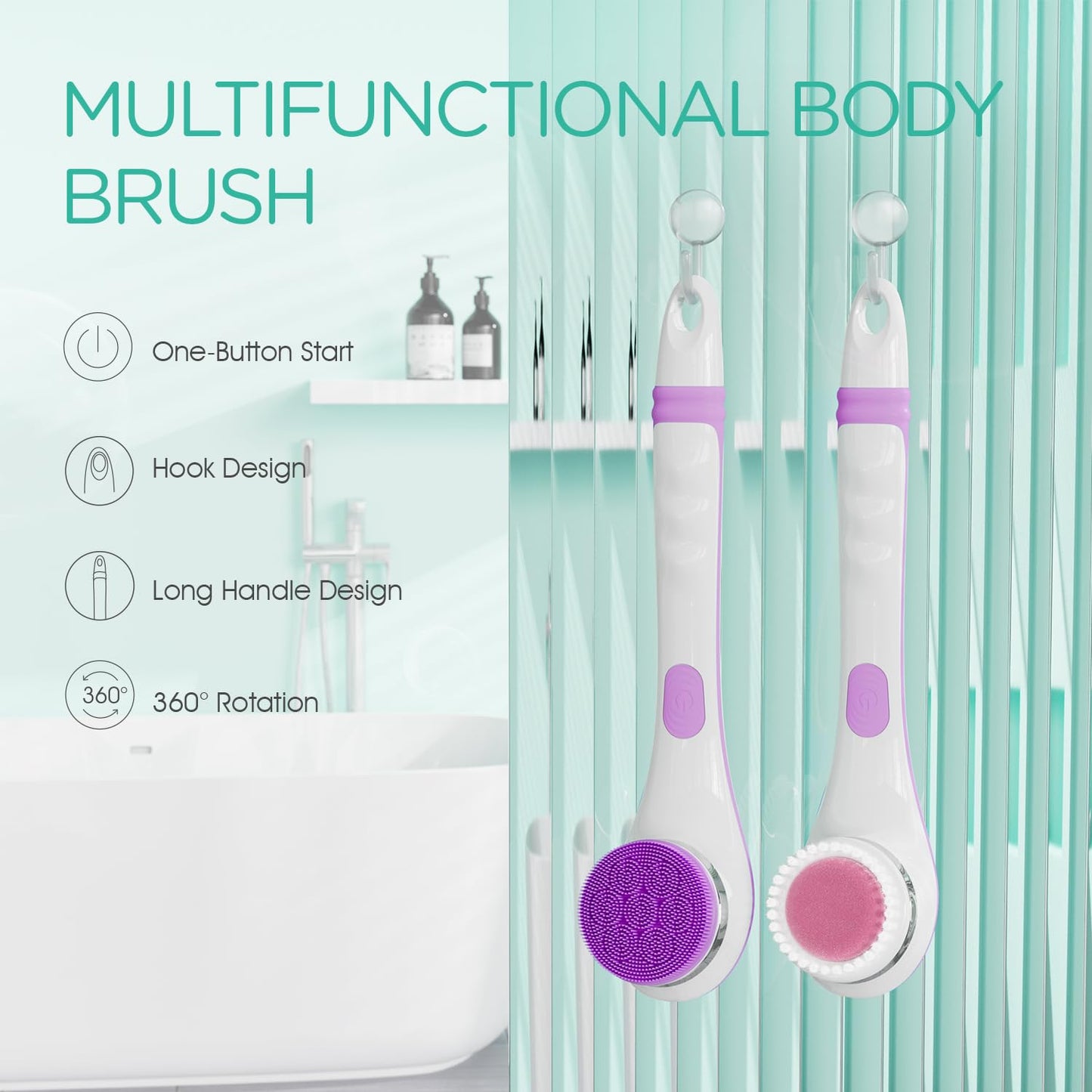 VOYOR Electric Body Brush Back Scrubber for Shower Rechargeable Exfoliating Bath Brush Powered Shower Brush with Non-Slip Long Handle Deep Cleansing, Exfoliation, Massaging Spin Brush BC100 (Purple)