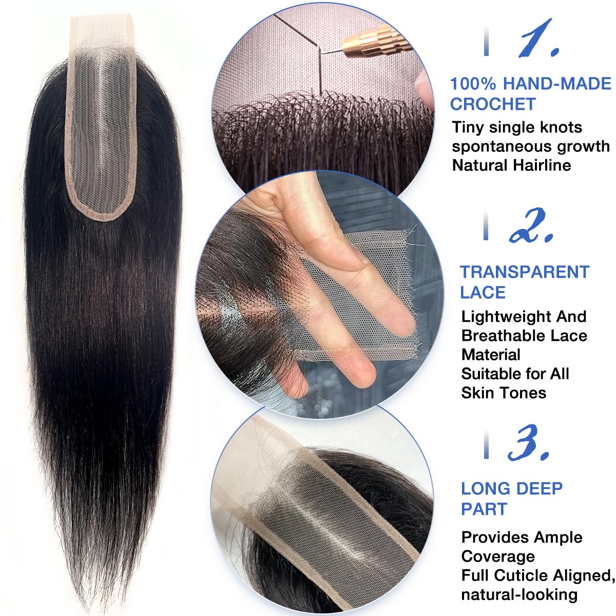 myshow 2x6 Lace Closure Straight Virgin Human Hair 100% Hand Tied HD Transparent Lace Closure Long Deep Parting Human Hair Closure Natural Black Color Kim K Middle Part Closure 16 Inch