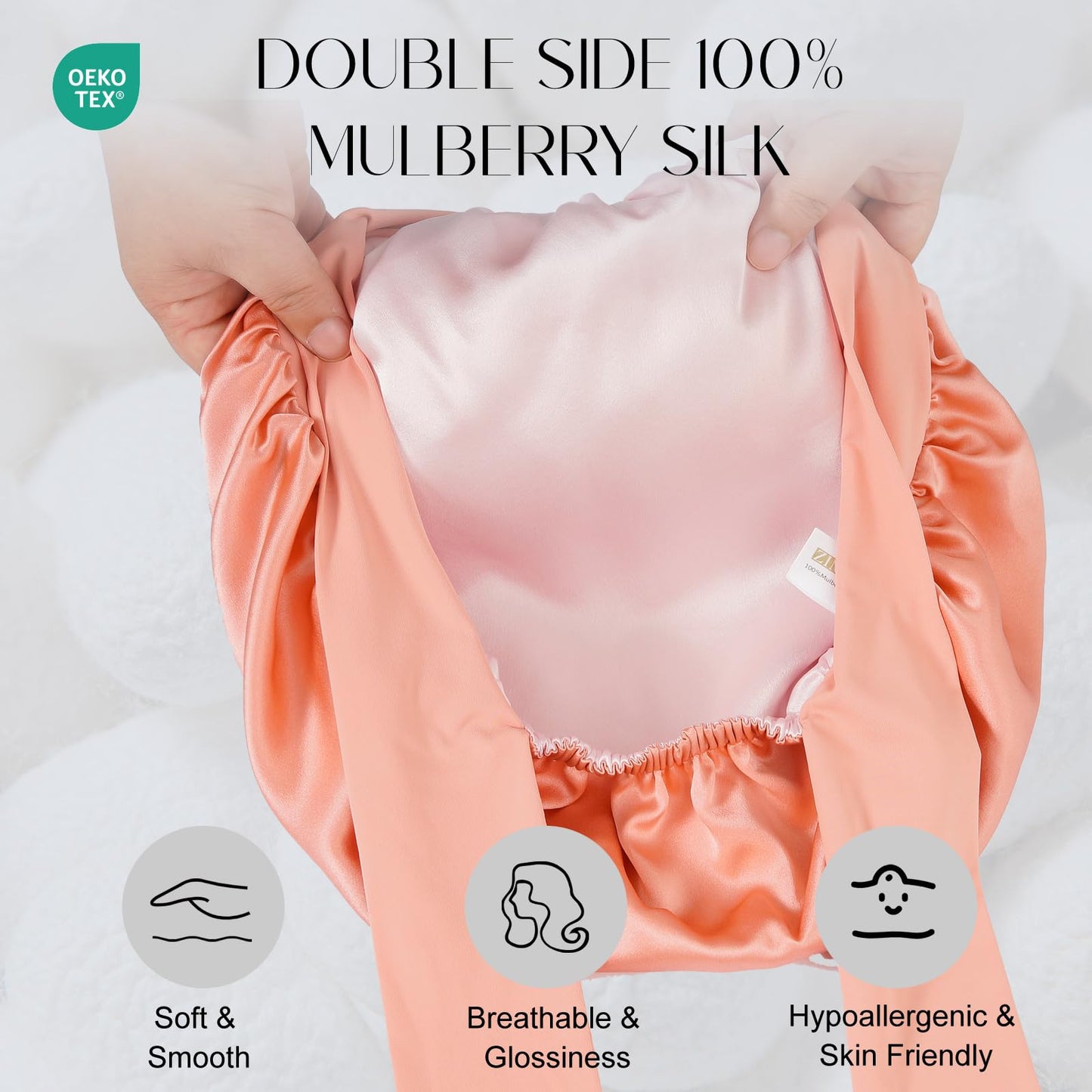 ZIMASILK 100% Mulberry Silk Bonnet for Sleeping Women Long Hair Double Layer Silk Wrap with Tie Band Stay On Head for Hair Care (1Pc, Coral)