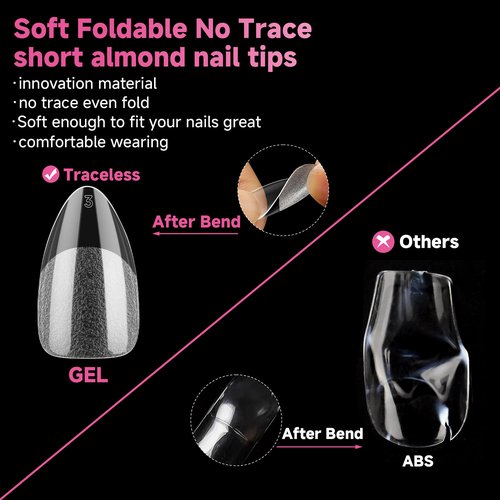UNA GELLA Short Almond Nail Tips, 312pcs Short Almond Gel Nail Tips Shape Pre Etched Press On Nails Clear Acrylic Fake Nails No C Curve for Full Cover Nails Extension Home Art DIY Salon 12 Sizes