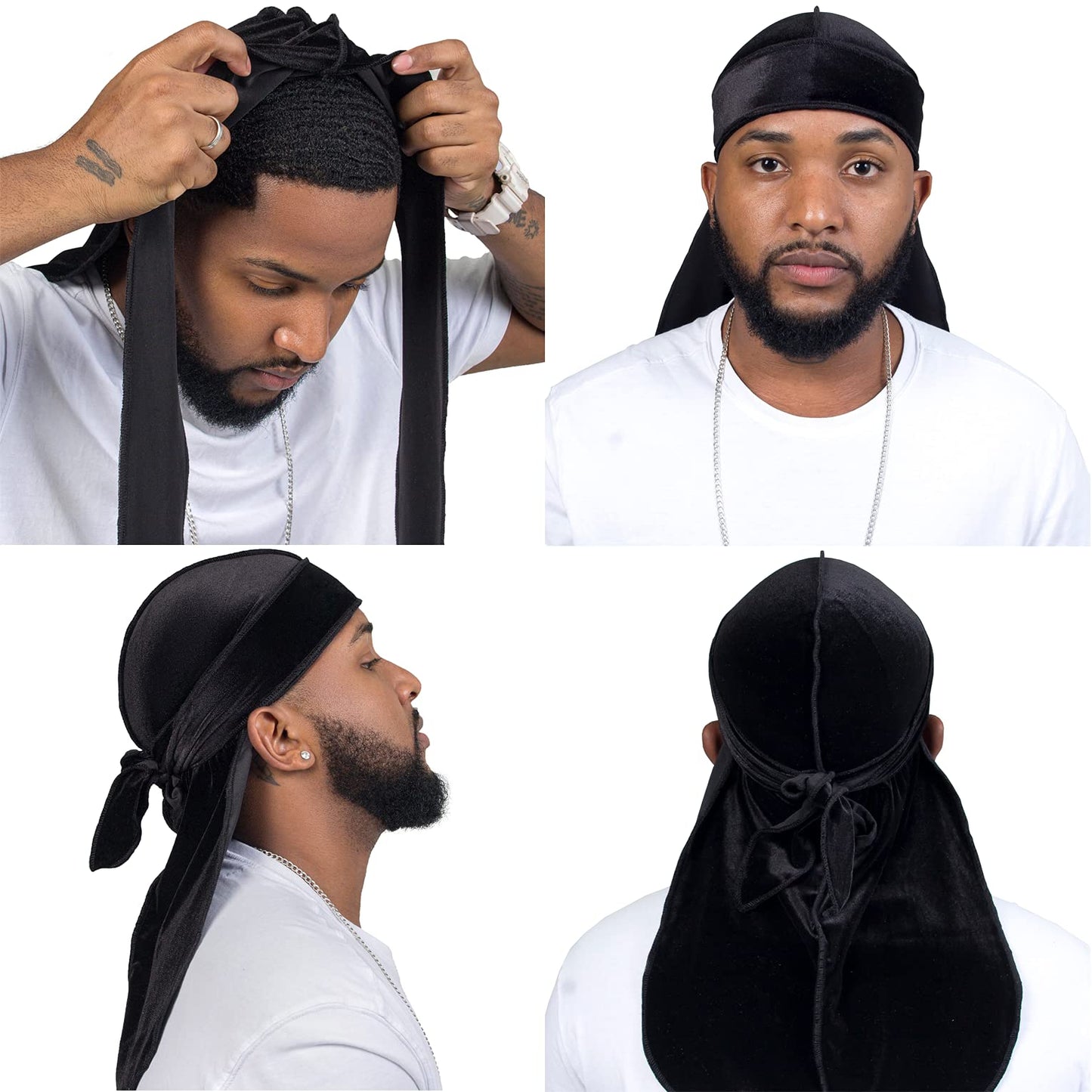 Velvet Durag for Men Velvet Dorag for Waves 2 Pieces Due Rag for Men Women (Black White)