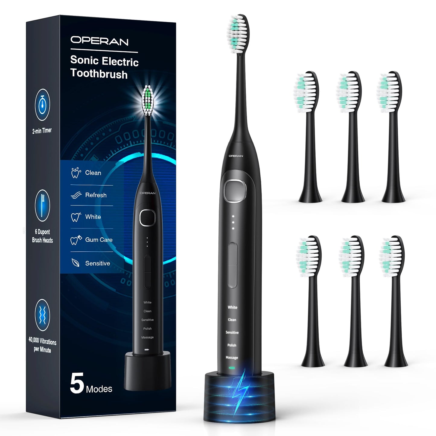 Operan Electric Toothbrush for Adults and Kids High Power Sonic Rechargeable Toothbrush with Smart Timer 5 Modes 6 Brush Heads 40,000 VPM Motor 6 Hours Fast Charge for 100 Days (Black)