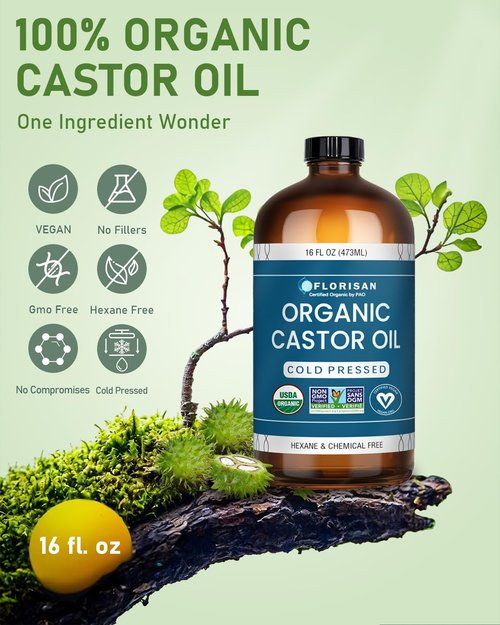 Florisan Organic Castor Oil 16oz Glass Bottle, Cold Pressed, Hexane-Free, Non-GMO, 100% Pure Castor Oil for Hair Growth, Skin, Lashes, Eyebrows, EWG Verified & USDA Organic Certified