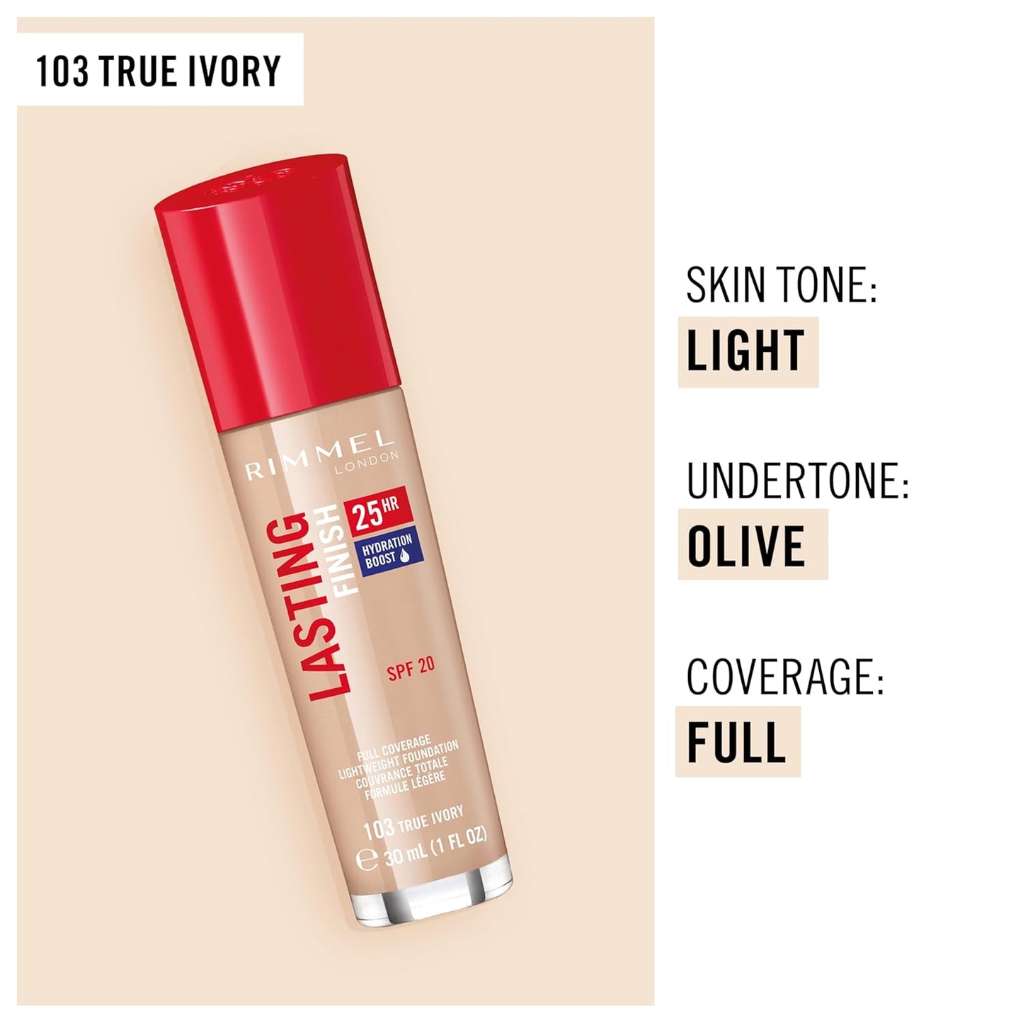 Rimmel London Lasting Finish 25HR - 200 Soft Beige - Foundation, 25-Hour Wear, Full Coverage, Waterproof, 1oz