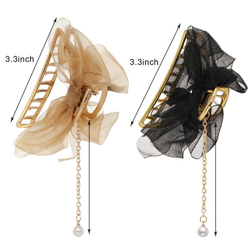 2 Pack Metal Big Lace Bows French Style Hair Clips Clamp Tassel Nonslip Hair Claw Hair Accessories for Women Girls for Thinner Thick Hair Styling