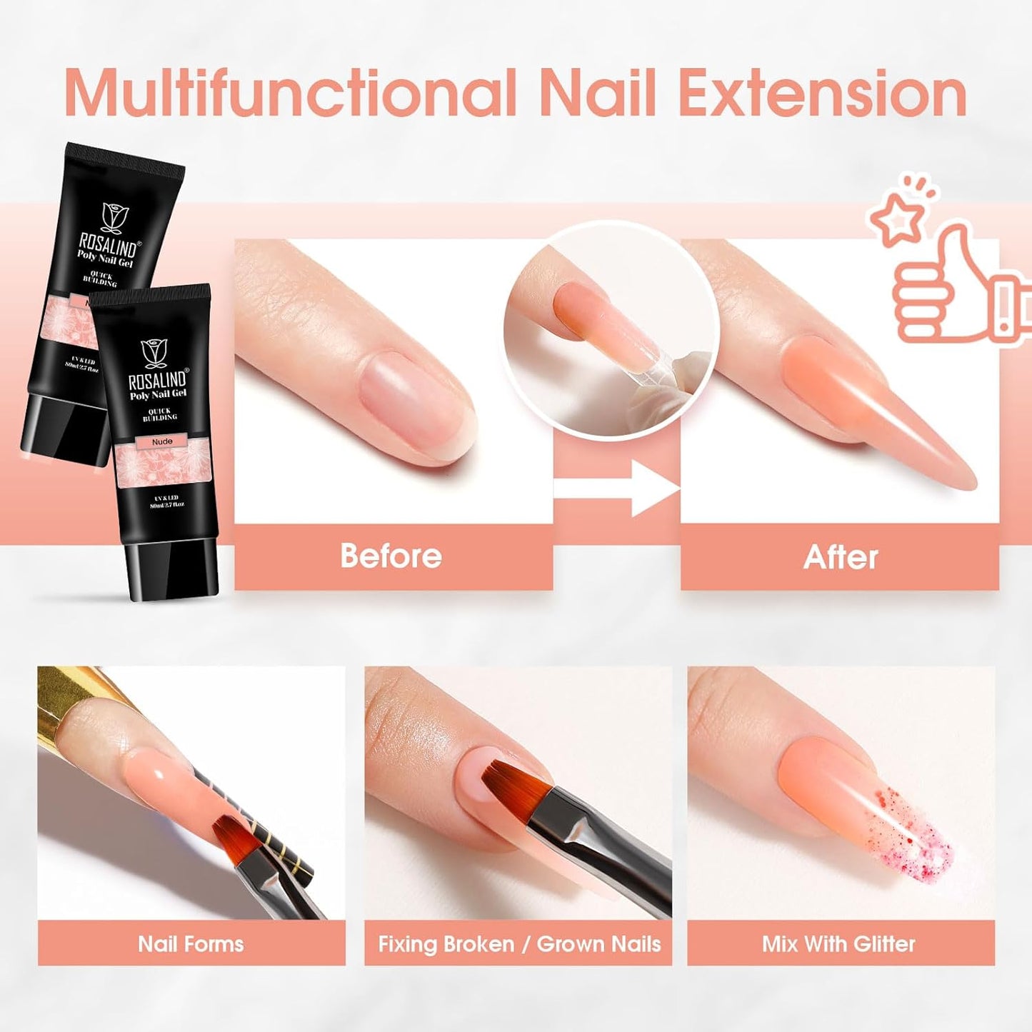 Nude Poly Extension Gel, ROSALIND 2.7 oz Light Nude Poly Nail Gel Builder for Nail Art Decoration, Thickening Extension Easy to DIY Use at Home Need UV Lamp