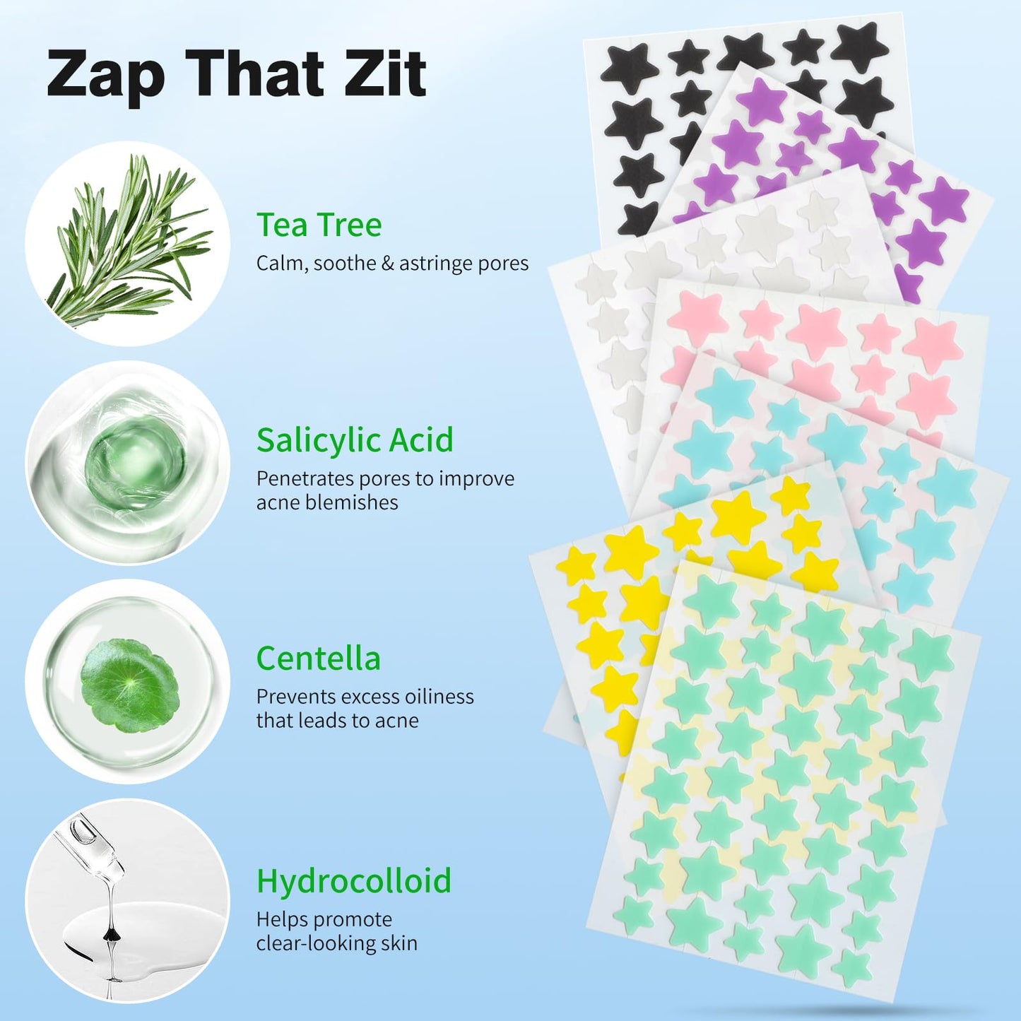 QUSTERE Pimple Patches for Face, Colorful Hydrocolloid Acne Patches, Cute Star Zit Covers for Face, Spot Stickers with Tea Tree, Salicylic Acid & Cica Oil| 4 Sizes (8mm, 10mm, 12mm & 14mm) |357 Count