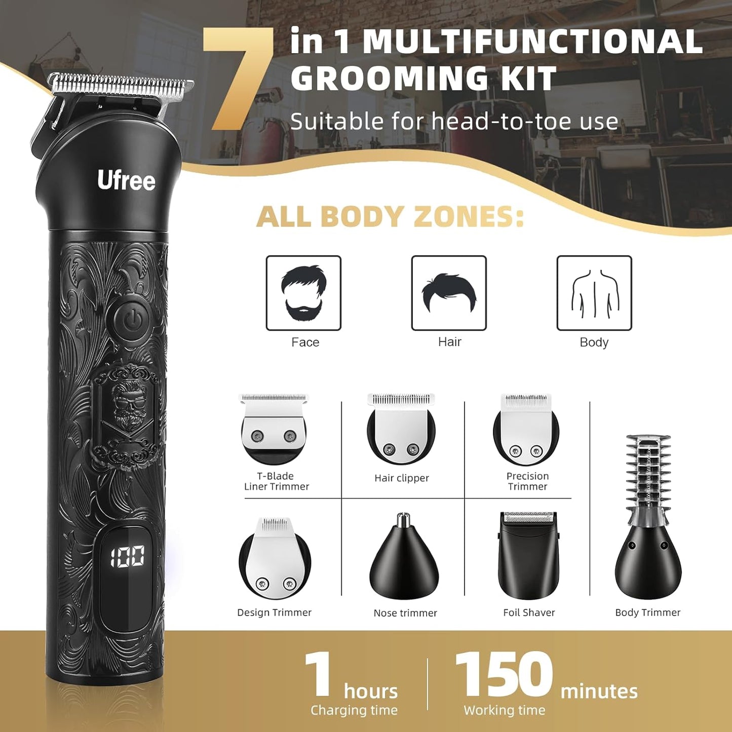 Ufree Beard Trimmer for Men, Electric Razor Shaver, Cordless Hair Clipper Shaving Kit for Mustache Body Nose Ear Hair Facial, Adjustable Beard Grooming Kit Birthday Gifts for Men