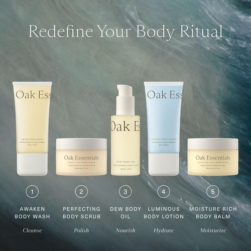 Oak Essentials Travel Body Routine - TSA-Friendly Mini Body Care Set with Wash, Scrub, Lotion & Balm
