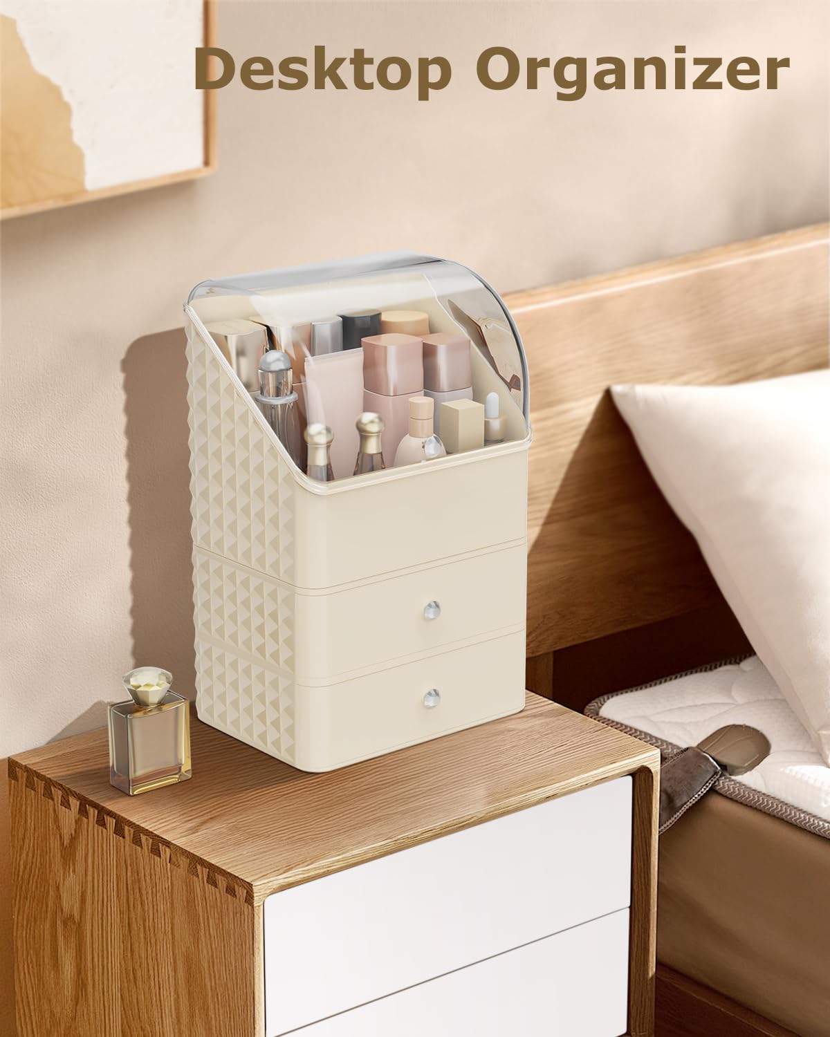 Soimeat Makeup Organizer Countertop, Stackable Cosmetics Organizer and Storage, Makeup Organizer Case with Dustproof Lid and Waterproof, Perfect for Bathroom Vanity, Cream, 3 Layers