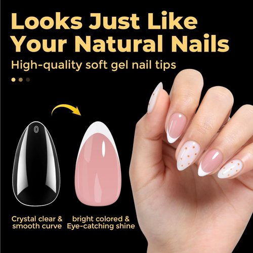 UNA GELLA Short Almond Nail Tips Pre-shape Short Almond Gel Nail Tips 216pcs Press on Nails 12 Sizes Soft Gel Acrylic Clear Fake Full Cover for Nails Extension Home DIY Salon