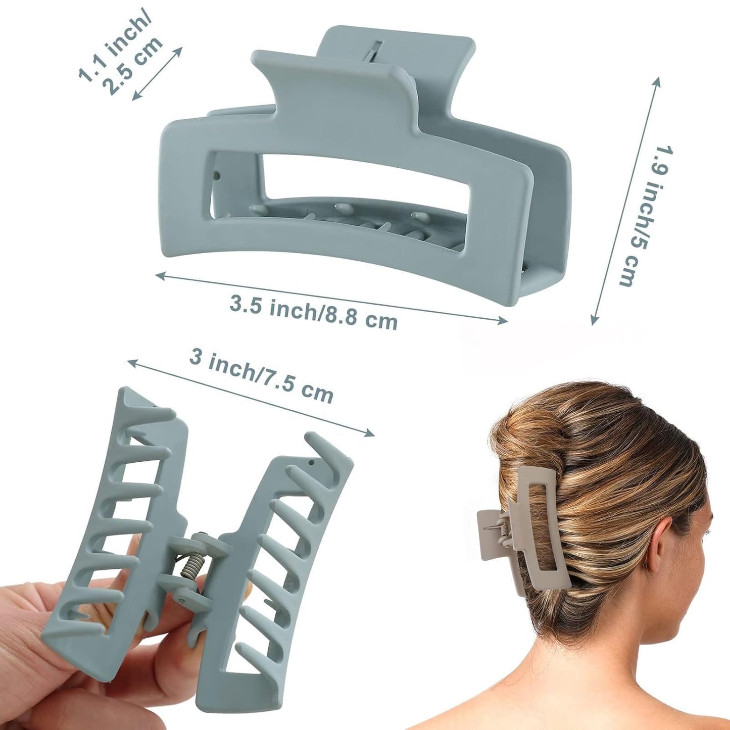 6 Pack Square Claw for Women Girls, 3.5" Medium Non-slip Rectangular Matte Clips Strong Hold Jumbo Hair Styling Accessories, Cool