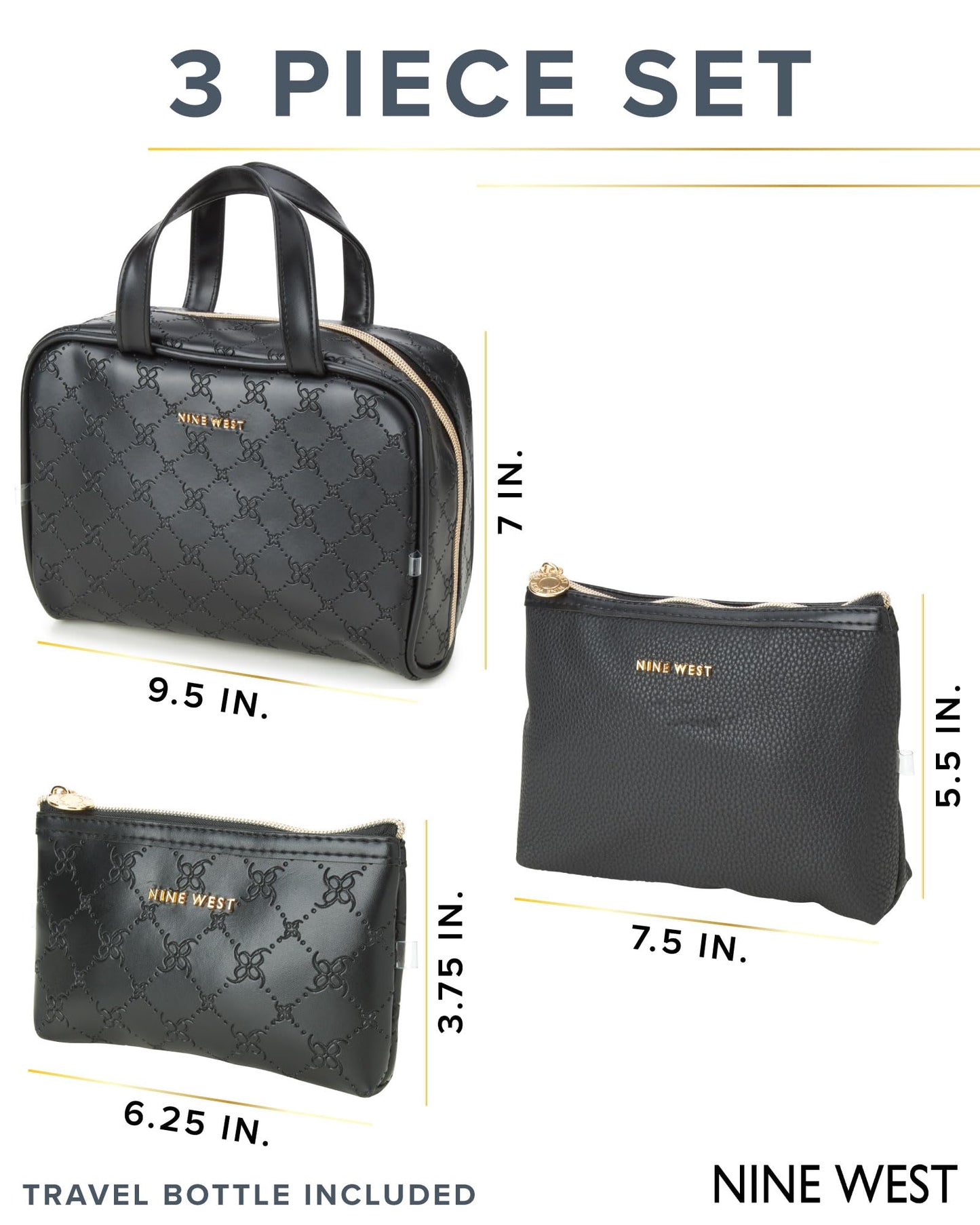 Nine West Women's Toiletries Bag - Travel Makeup and Toiletries Matching Accessories Set - Makeup Organizer Case Set, Size One Size, Black