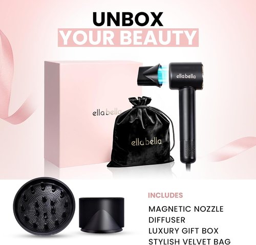 ELLA BELLA® Compact Plasma Hair Dryer - Advanced Technology, Rapid Drying & Low Noise | Includes Travel Bag & Diffuser