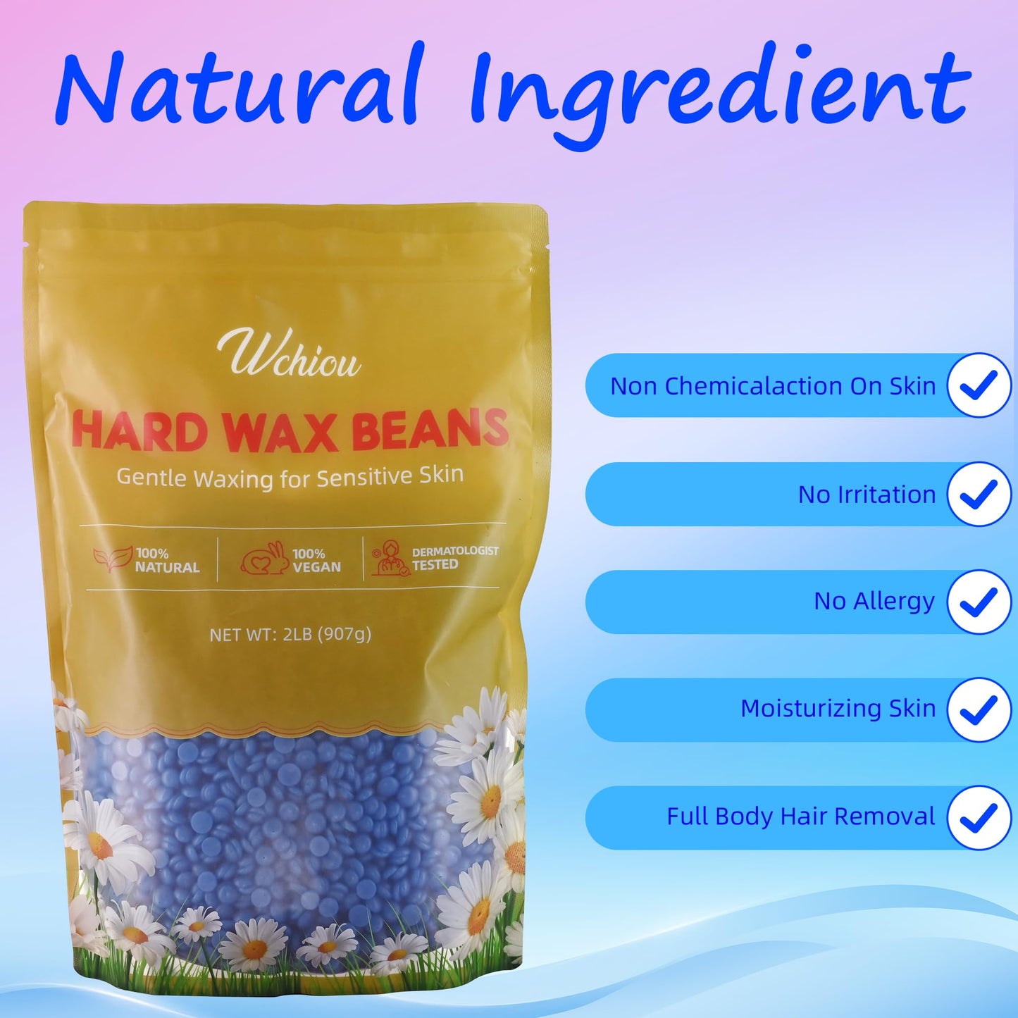 Wchiou Hard Wax Beads, 2lb Sensitive Skin Chamomile Formula for Hair Removal, Face Eyebrow Leg Bikini Brazilian Waxing, Coarse Body Hair Specific