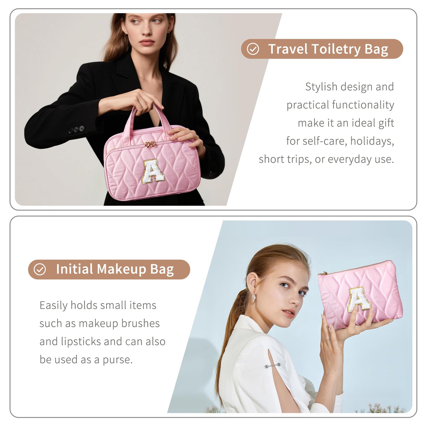 YOOLIFE Hanging Toiletry Bag Makeup Bag for Women Girls, Initial Toiletry Bag Cosmetic Bag, Personalized Birthday Gifts for Women Teen Girls Letter Pink A