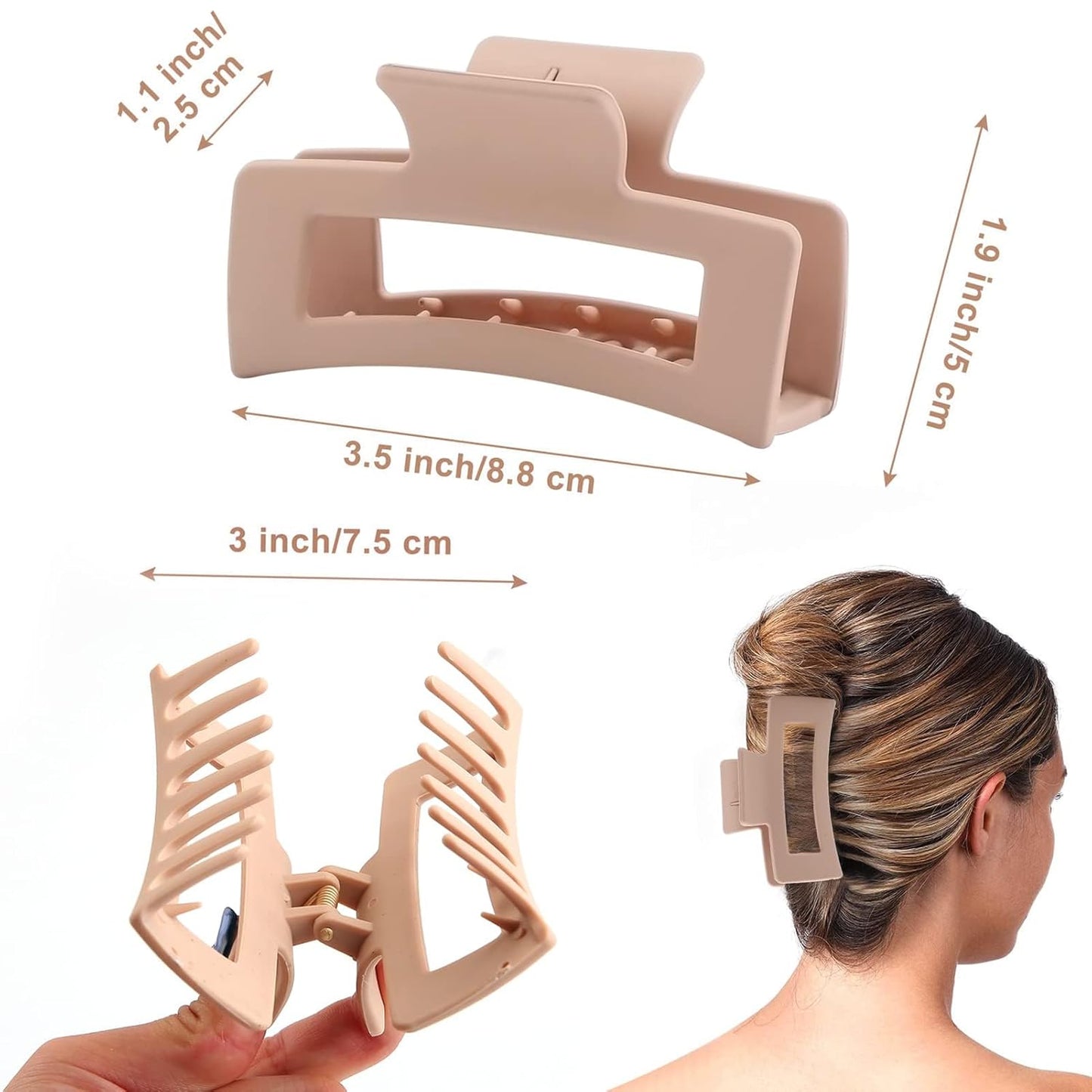 6 Pack Square Claw for Women Girls, 3.5" Medium Non-slip Rectangular Matte Clips Strong Hold Jumbo Hair Styling Accessories, Cool
