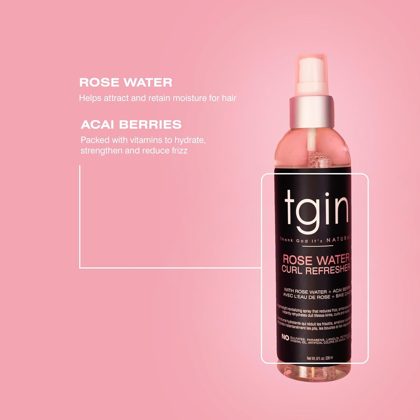 tgin Rose Water Curl Refresher - Moisturizing Curl Spray for Curly, Coily & Wavy Hair - 8 Fl Oz