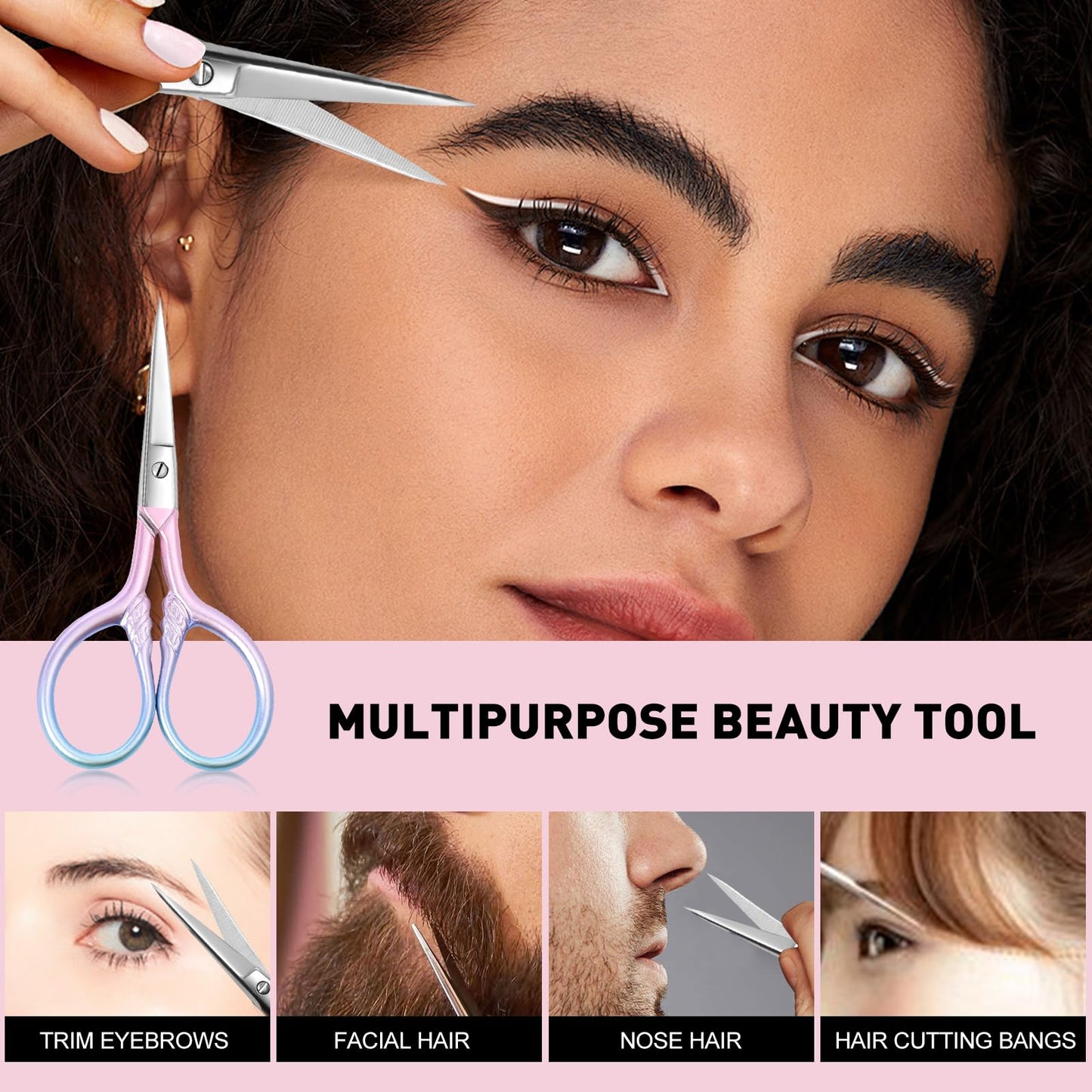 Lobodt Personal Care Professional Beauty Tools (pink) Small scissors Facial hair removal and ear, nose and eyebrow, beard trimming Stainless steel fine straight head scissors