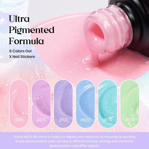 Beetles Spring Gel Nail Polish Set - 6 Colors Shimmer Pink Green Purple Glitter Blue Glitter Mermaid Pastel Nail Gel Drawing Soak Off Uv Led Needed with Pastel Sticker Gift for Women