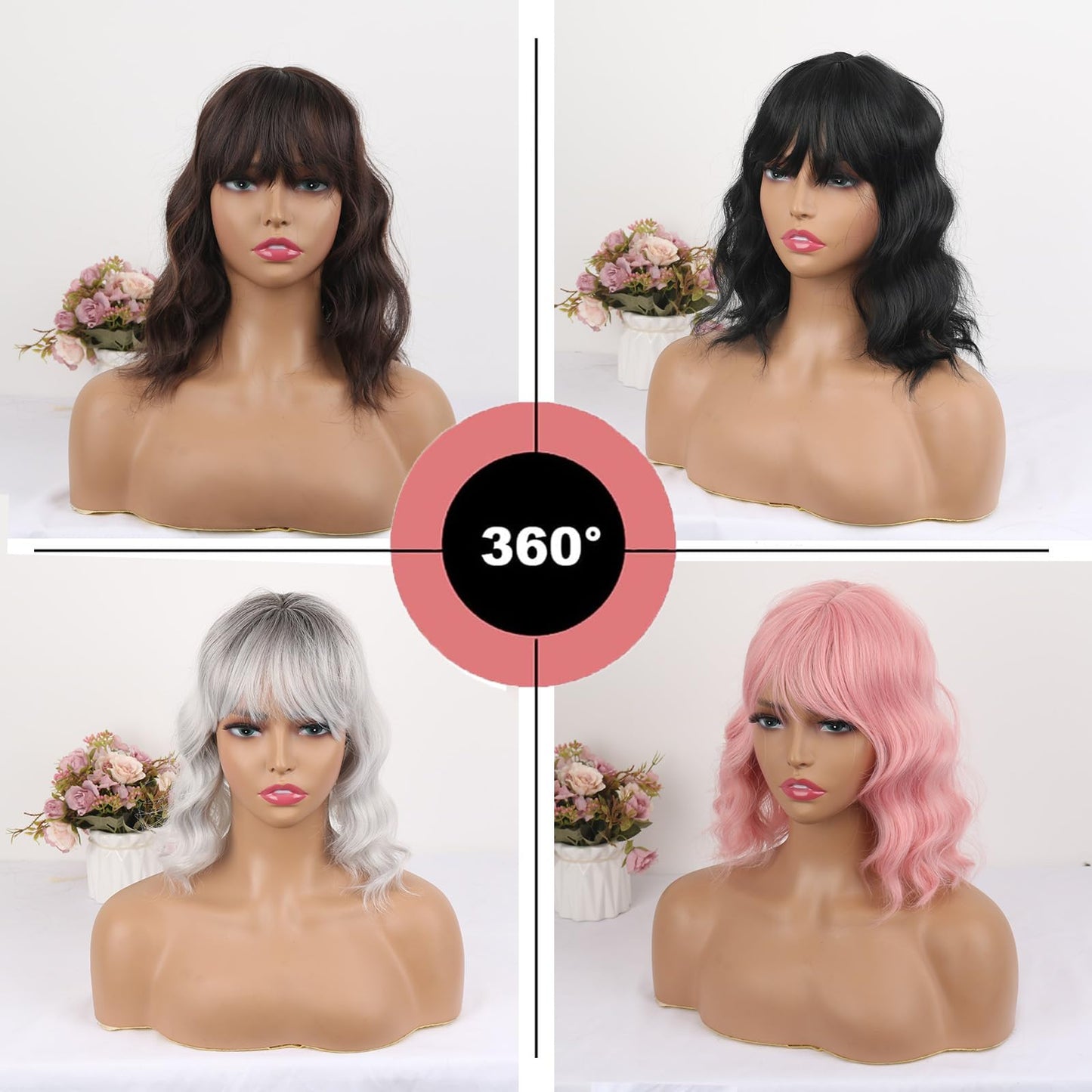 CINHOO Short Curly Wavy Grey Hair Toppers for Women with Thinning Hair,14inch Toppers Hair Pieces for Women Synthetic 360° 3D Hair Topper with Bangs Hair Clip in Bob Wigs for Women(Ombre gray)