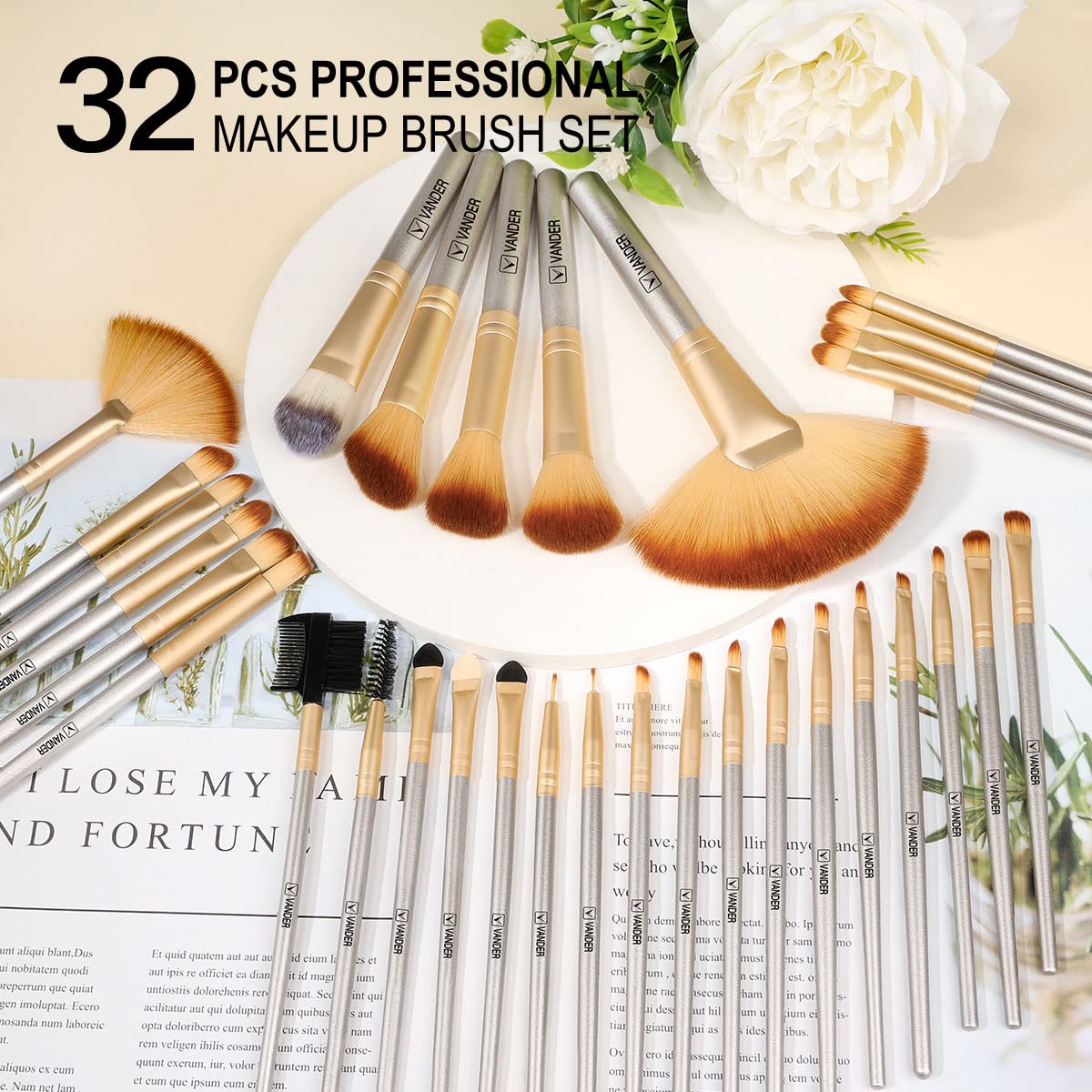 Makeup Brushes, VANDER Professional 32pcs Foundation, Concealer, Eyeshadow & Eyeliner Cosmetic Brush Set, Champagne (Cosmetic Bag Not Included)