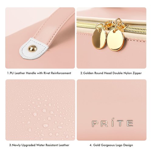 Prite Makeup Bag for Women Travel Waterproof Vegan Leather Cosmetic Bag Open Flat Toiletry Bag With Clear Divider and Handle (Pink)