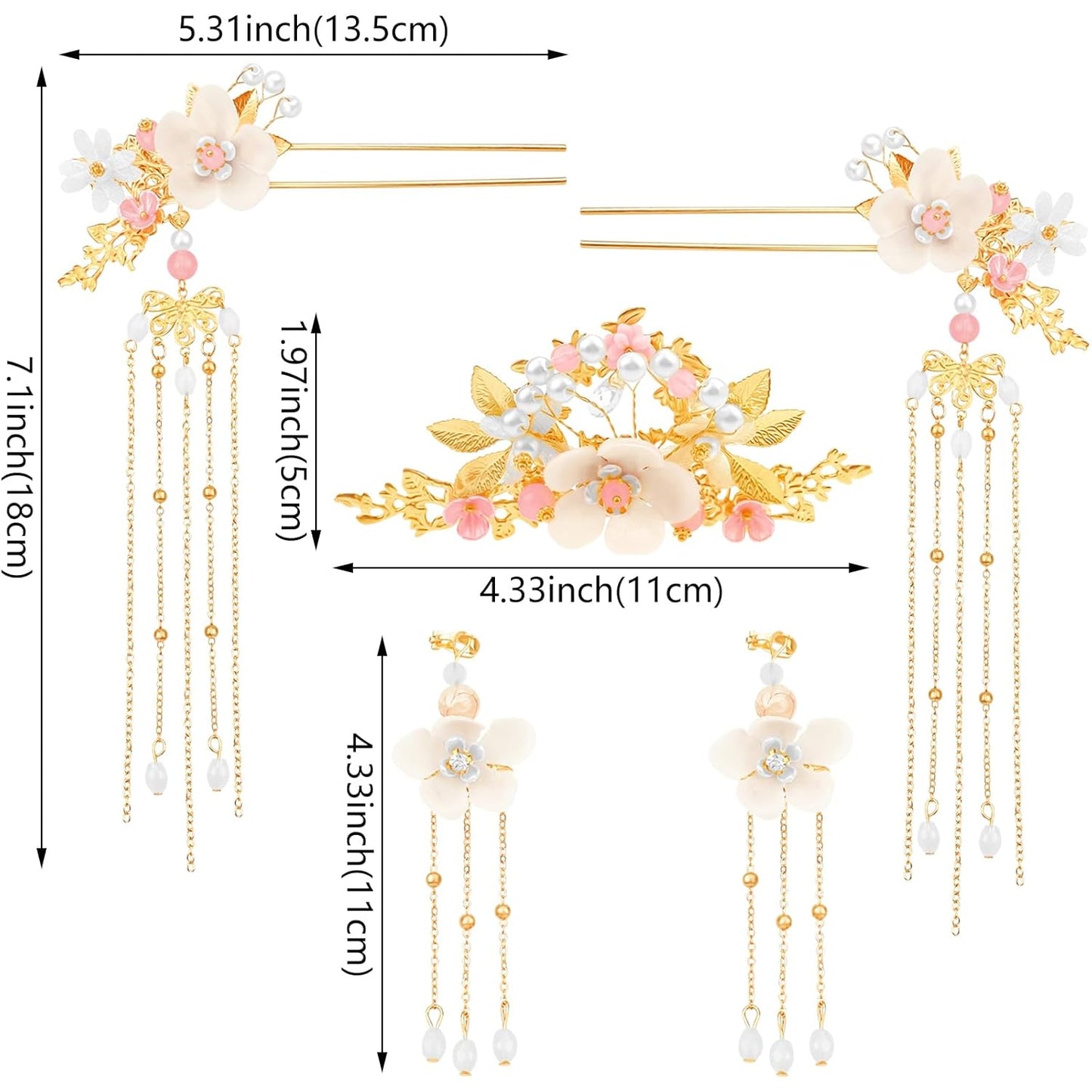5 Pcs Flower Chinese Tassel Hair Stick Crystal Pearl Hanfu Hair Pins Classical Floral Bride Wedding Accessories for Women
