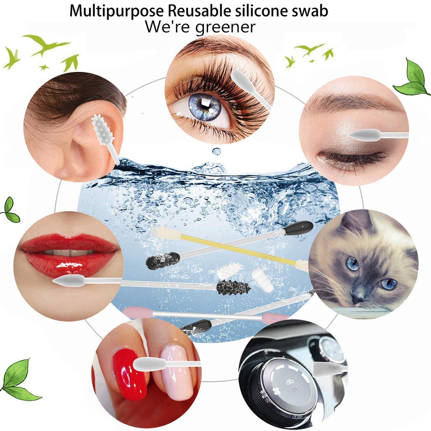 Strogem Reusable Cotton Swabs with 1 Mirror for Makeup Application and Cleaning, Multifunctional Portable Washable Silicone Q-Tip (white)